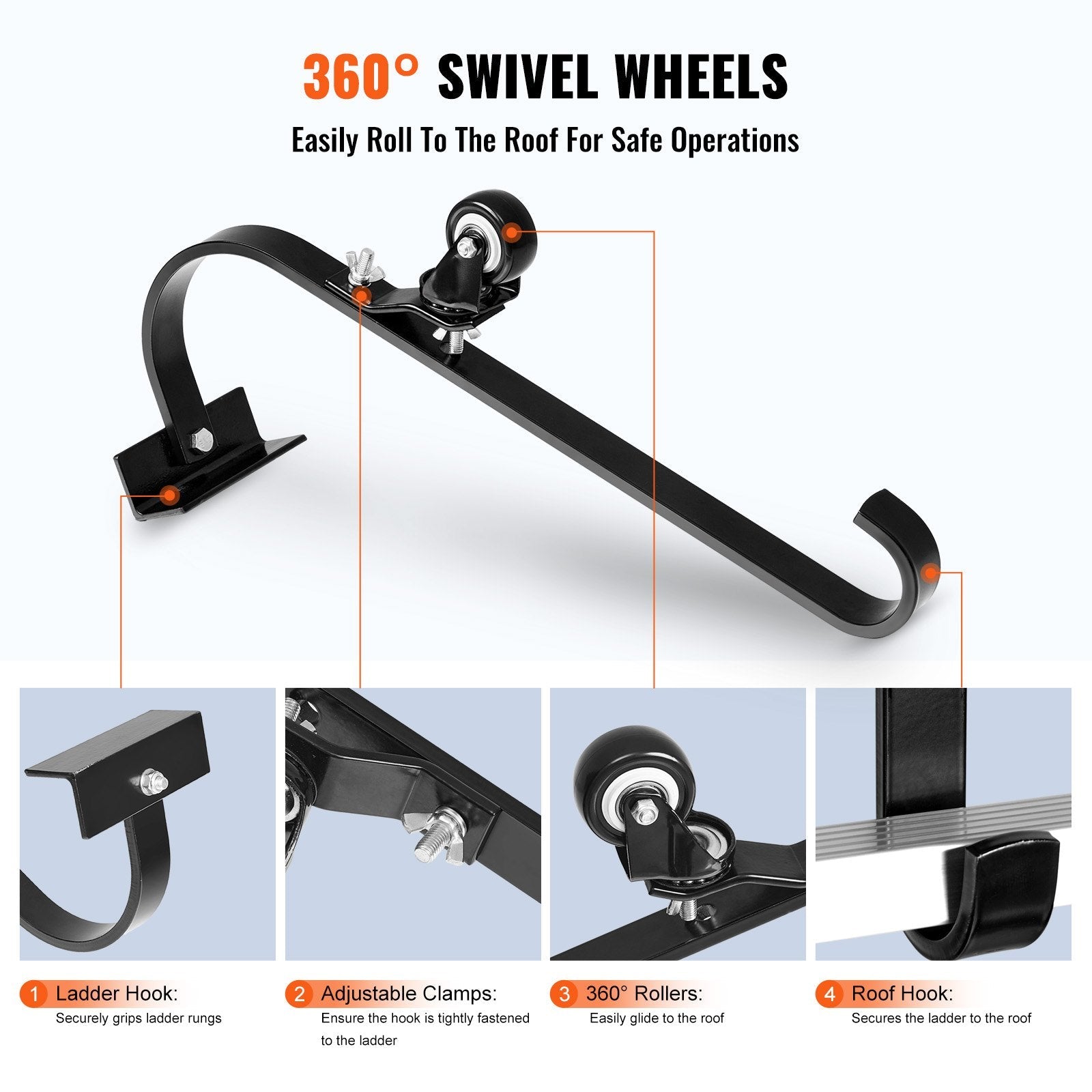 VEVOR Ladder Roof Hook Stabilizer 2 Pack with Fixed Wheel & Swivel Bar Steel 