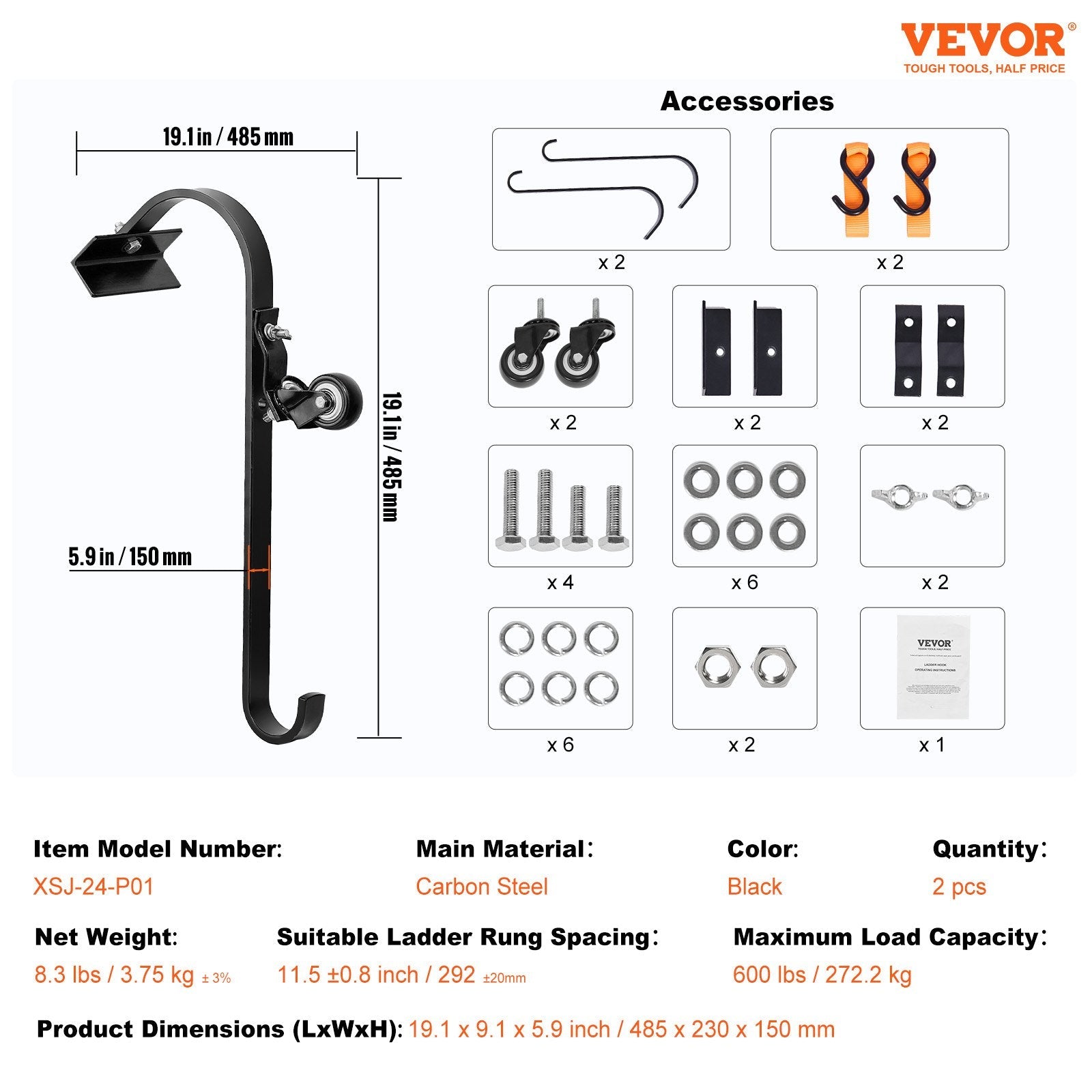 VEVOR Ladder Roof Hook Stabilizer 2 Pack with Fixed Wheel & Swivel Bar Steel 