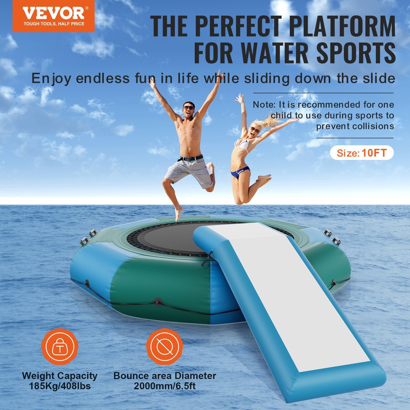 VEVOR Inflatable Water Bouncer, 10ft Recreational Water Trampoline, Portable Bounce Swim Platform with Slide, 3-Step Ladder & Electric Air Pump, Kid Adult Floating Rebounder for Pool Lake Water Sports 