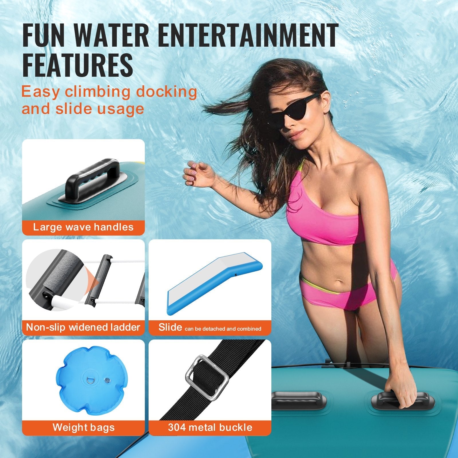 VEVOR Inflatable Water Bouncer, 10ft Recreational Water Trampoline, Portable Bounce Swim Platform with Slide, 3-Step Ladder & Electric Air Pump, Kid Adult Floating Rebounder for Pool Lake Water Sports 