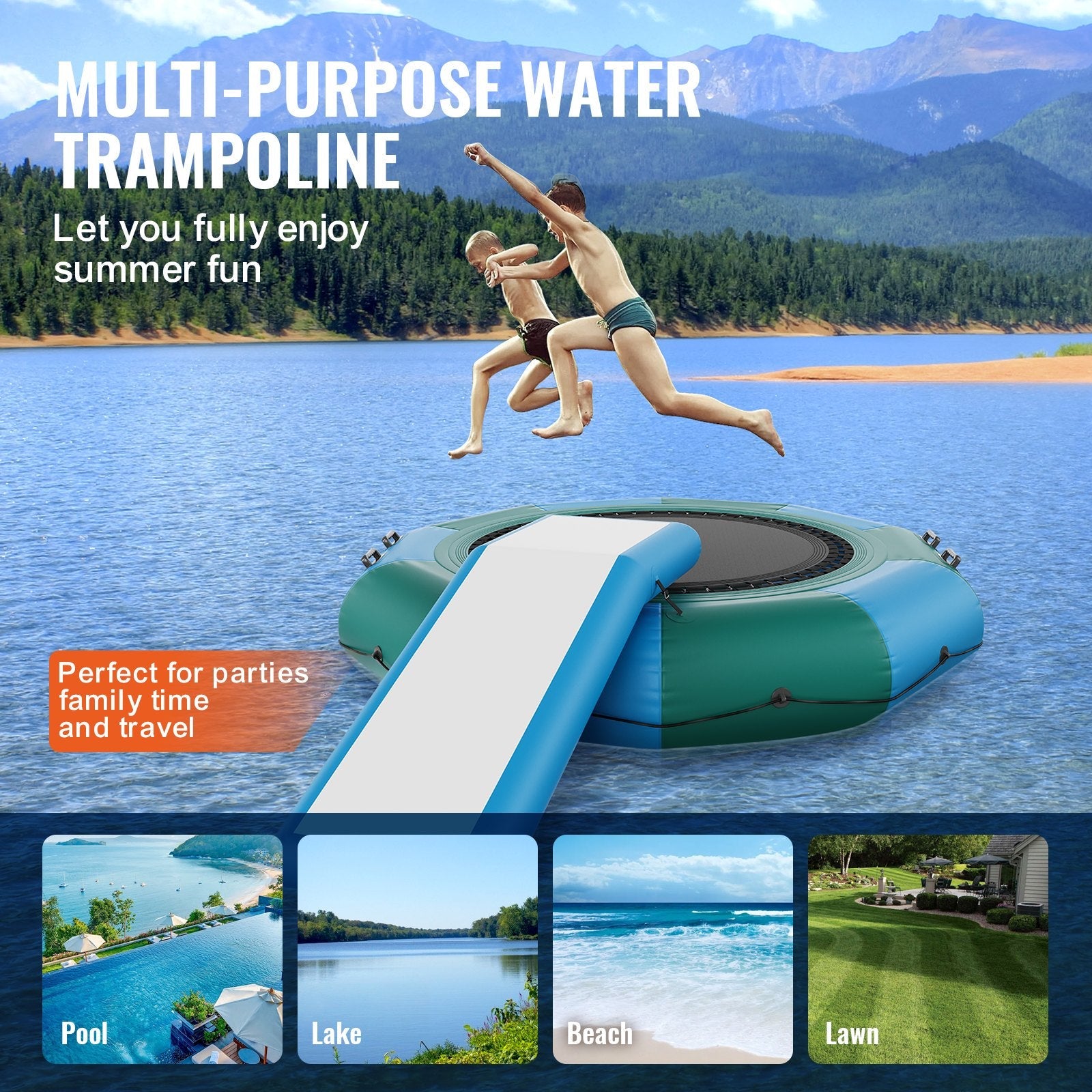 VEVOR Inflatable Water Bouncer, 10ft Recreational Water Trampoline, Portable Bounce Swim Platform with Slide, 3-Step Ladder & Electric Air Pump, Kid Adult Floating Rebounder for Pool Lake Water Sports 