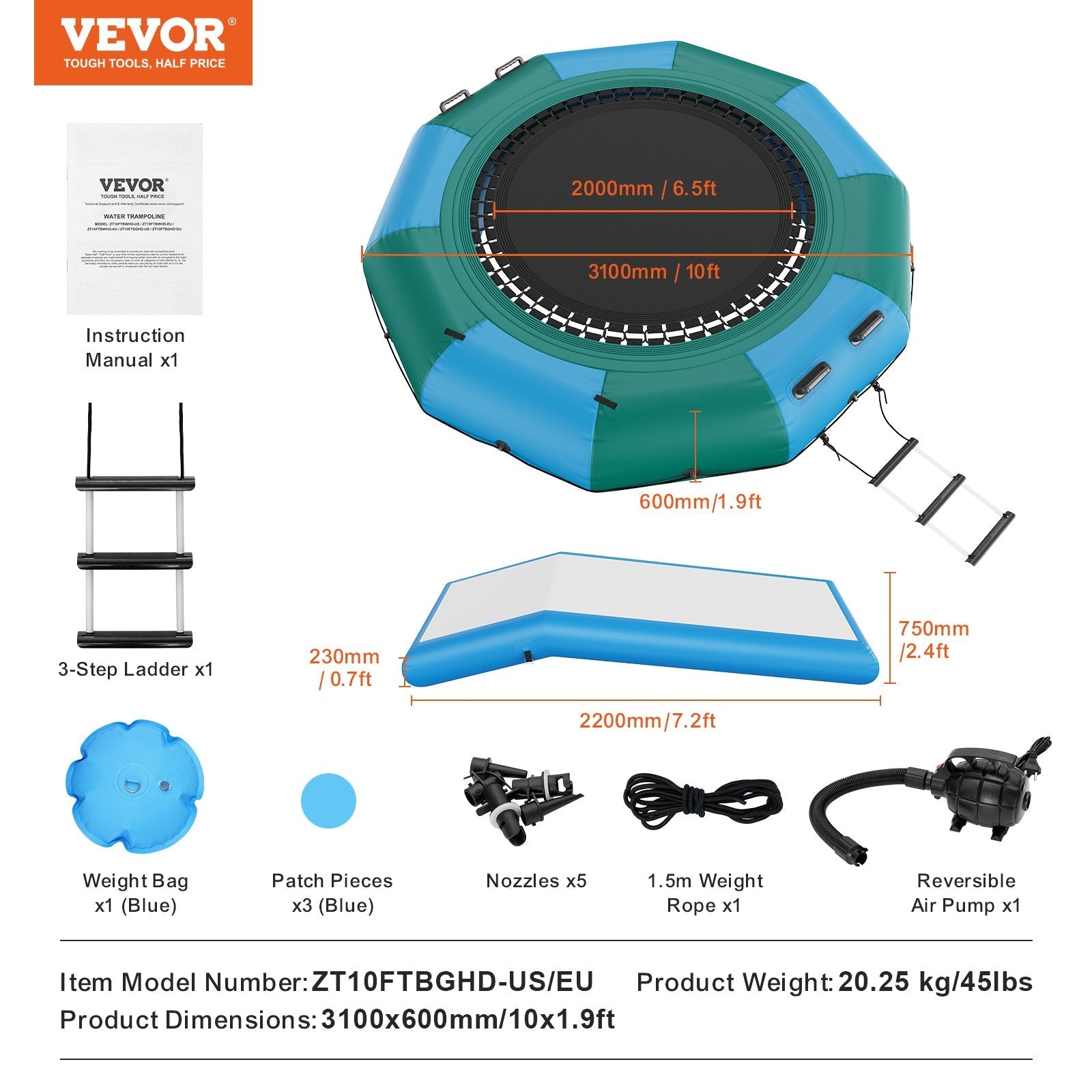 VEVOR Inflatable Water Bouncer, 10ft Recreational Water Trampoline, Portable Bounce Swim Platform with Slide, 3-Step Ladder & Electric Air Pump, Kid Adult Floating Rebounder for Pool Lake Water Sports 