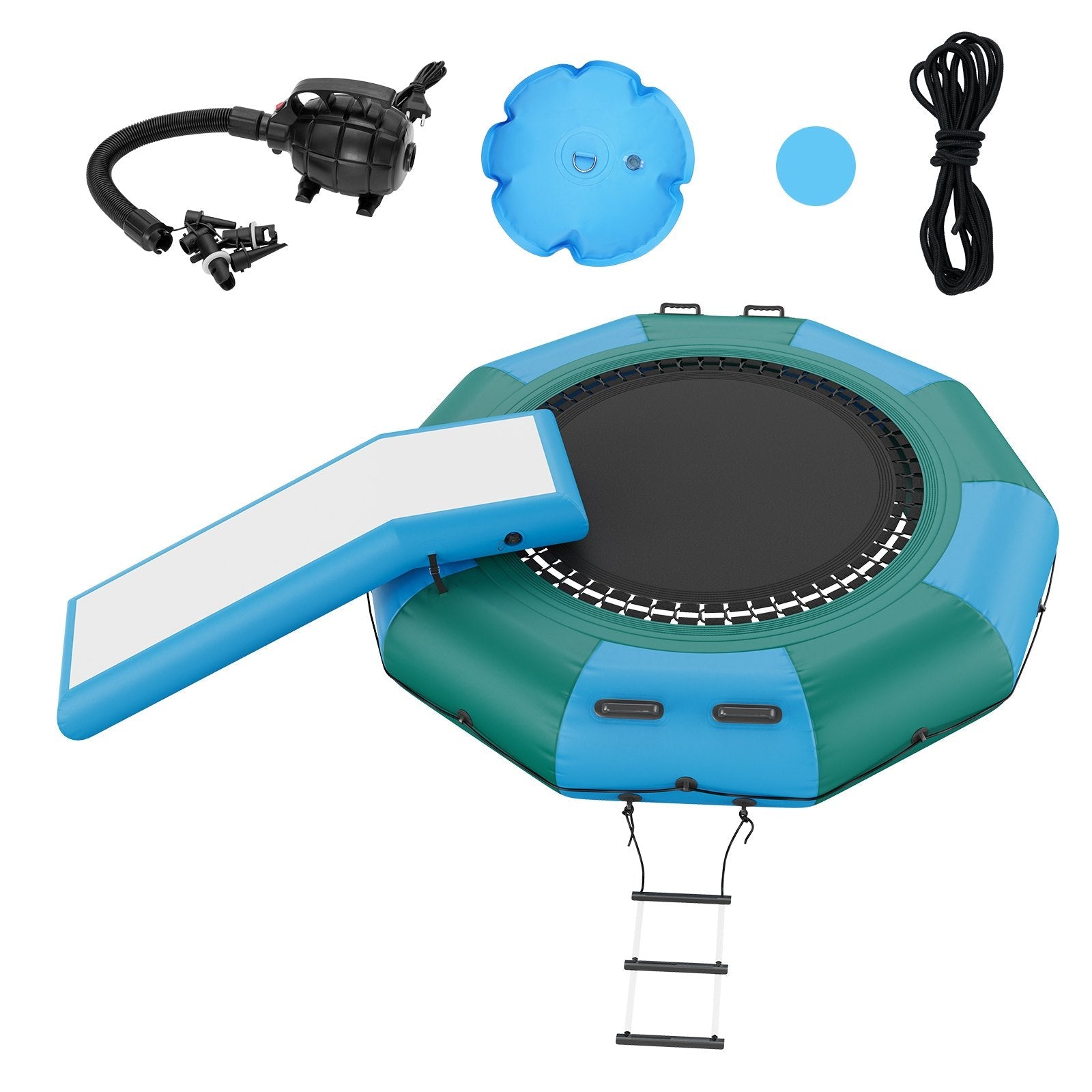 VEVOR Inflatable Water Bouncer, 10ft Recreational Water Trampoline, Portable Bounce Swim Platform with Slide, 3-Step Ladder & Electric Air Pump, Kid Adult Floating Rebounder for Pool Lake Water Sports 