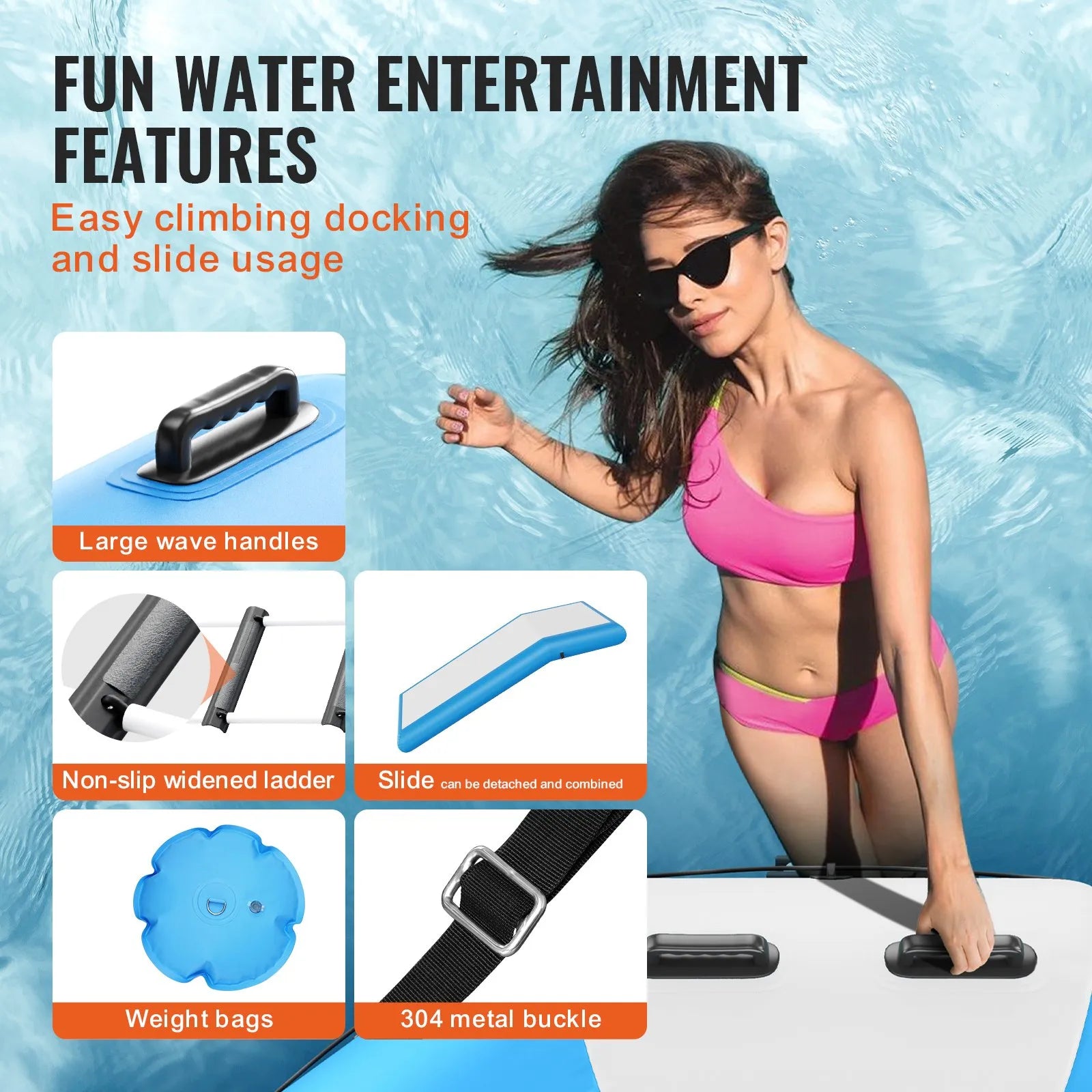 VEVOR Inflatable Water Bouncer, 10ft Recreational Water Trampoline, Portable Bounce Swim Platform with Slide, 3-Step Ladder & Electric Air Pump, Kid Adult Floating Rebounder for Pool Lake Water Sports