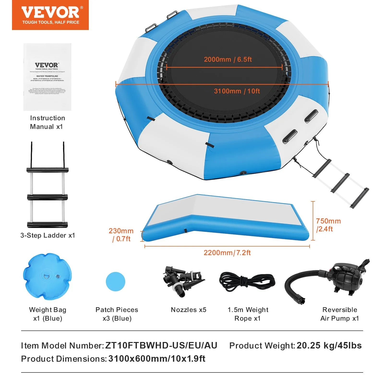 VEVOR Inflatable Water Bouncer, 10ft Recreational Water Trampoline, Portable Bounce Swim Platform with Slide, 3-Step Ladder & Electric Air Pump, Kid Adult Floating Rebounder for Pool Lake Water Sports