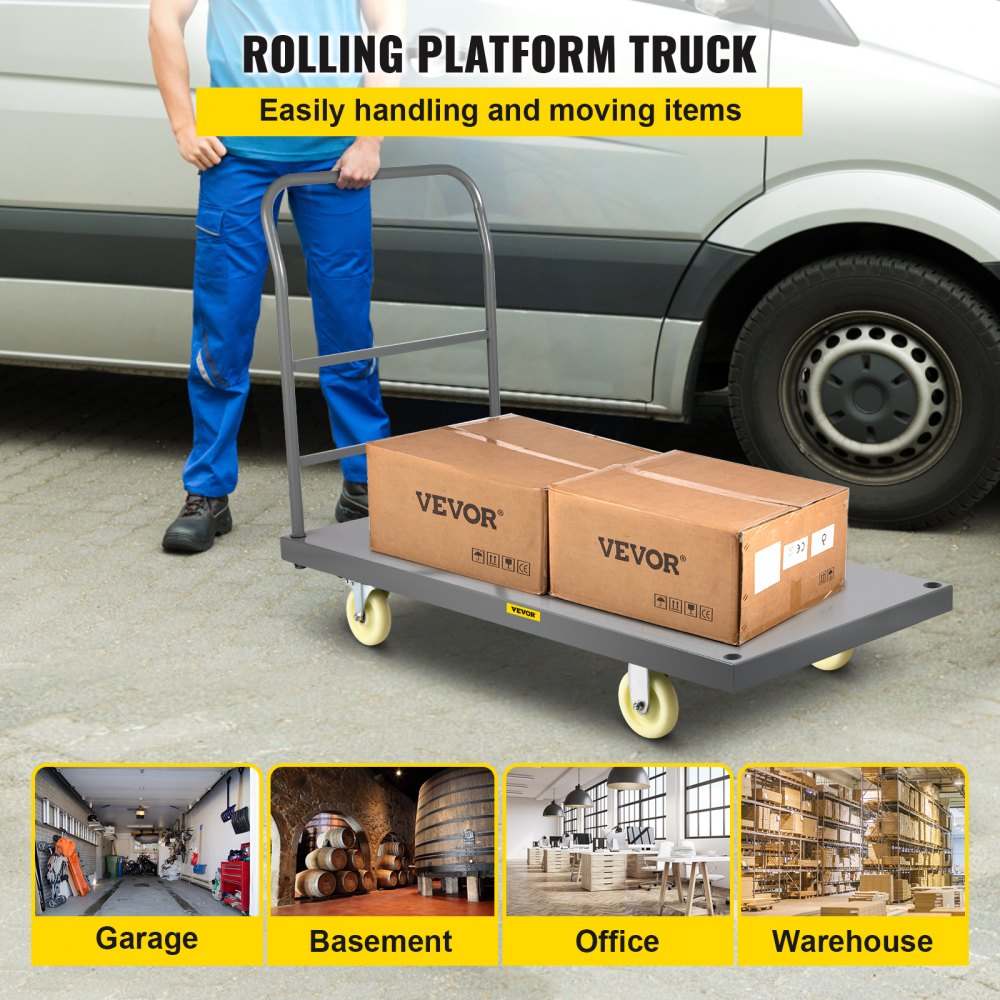 VEVOR Platform Truck, 2000 lbs Capacity Steel Flatbed Cart, 47\" Length x 24\" Width x 32\" Height Flat Dolly, Hand Trucks with 5\" Nylon Casters, Heavy-Duty Utility Push Carts for Luggage Moving 