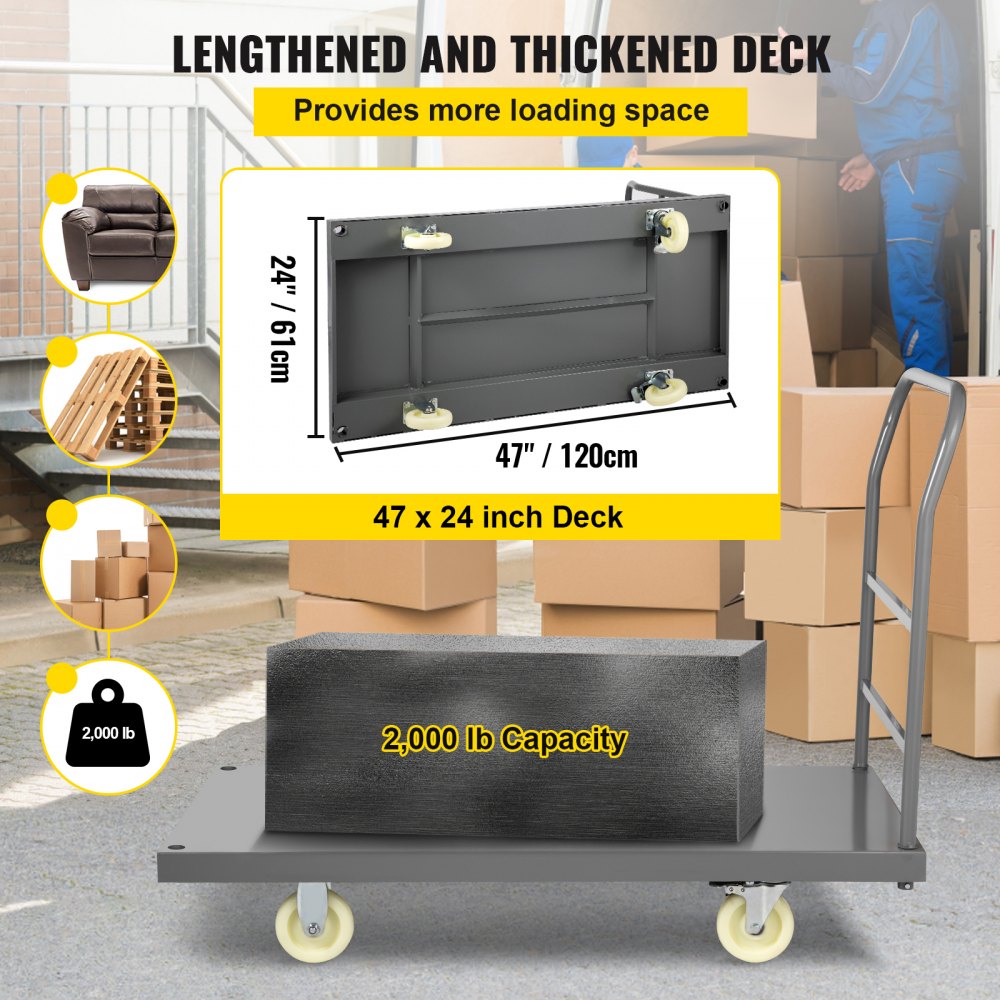 VEVOR Platform Truck, 2000 lbs Capacity Steel Flatbed Cart, 47\" Length x 24\" Width x 32\" Height Flat Dolly, Hand Trucks with 5\" Nylon Casters, Heavy-Duty Utility Push Carts for Luggage Moving 