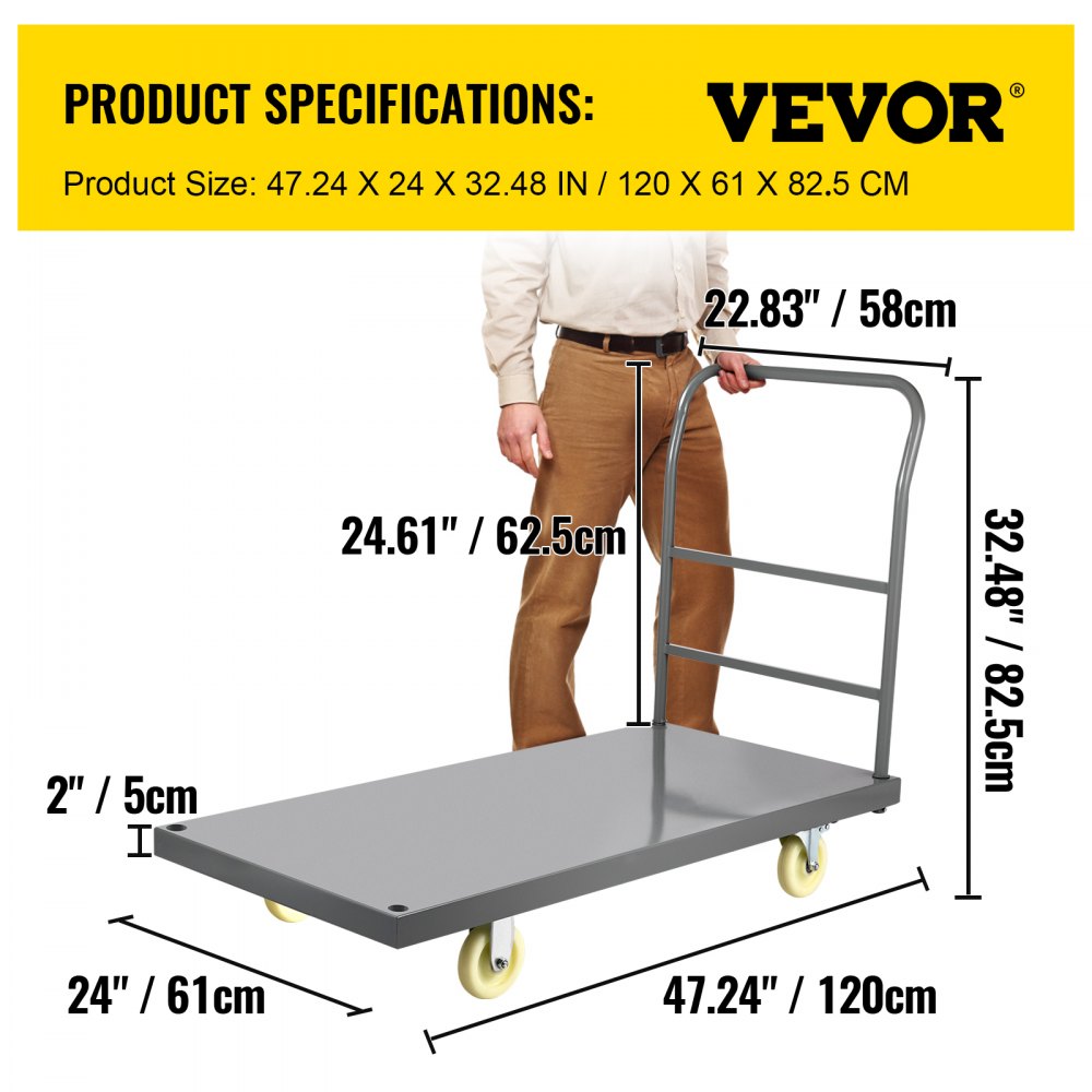 VEVOR Platform Truck, 2000 lbs Capacity Steel Flatbed Cart, 47\" Length x 24\" Width x 32\" Height Flat Dolly, Hand Trucks with 5\" Nylon Casters, Heavy-Duty Utility Push Carts for Luggage Moving 