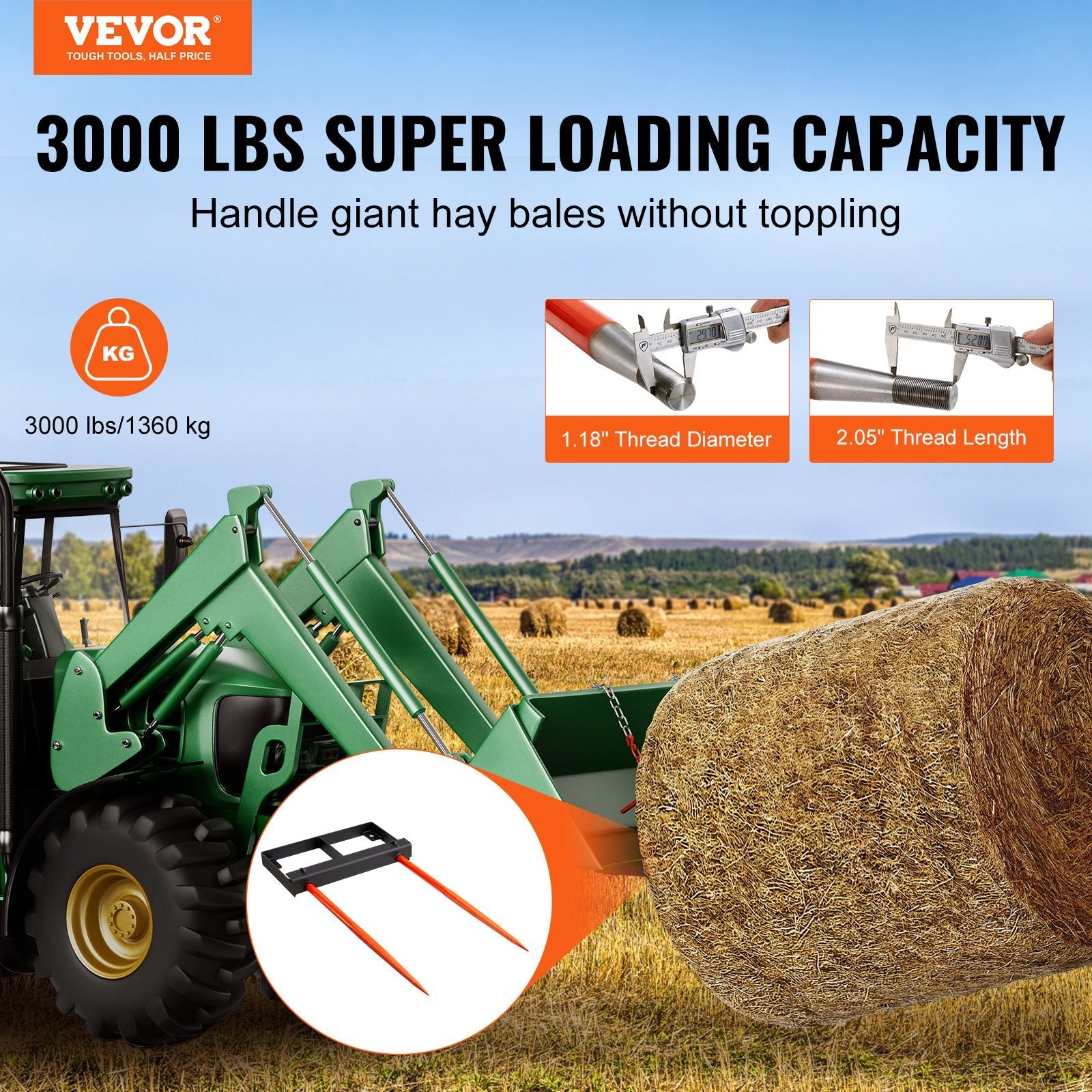 VEVOR 49" Hay Spear, Bale Spears 3000lbs Loading Capacity, Skid Steer Loader Tractor Bucket Attachment with 2pcs 17.5" Stabilizer Spears and 60" Chain, Quick Attach Spike Forks 
