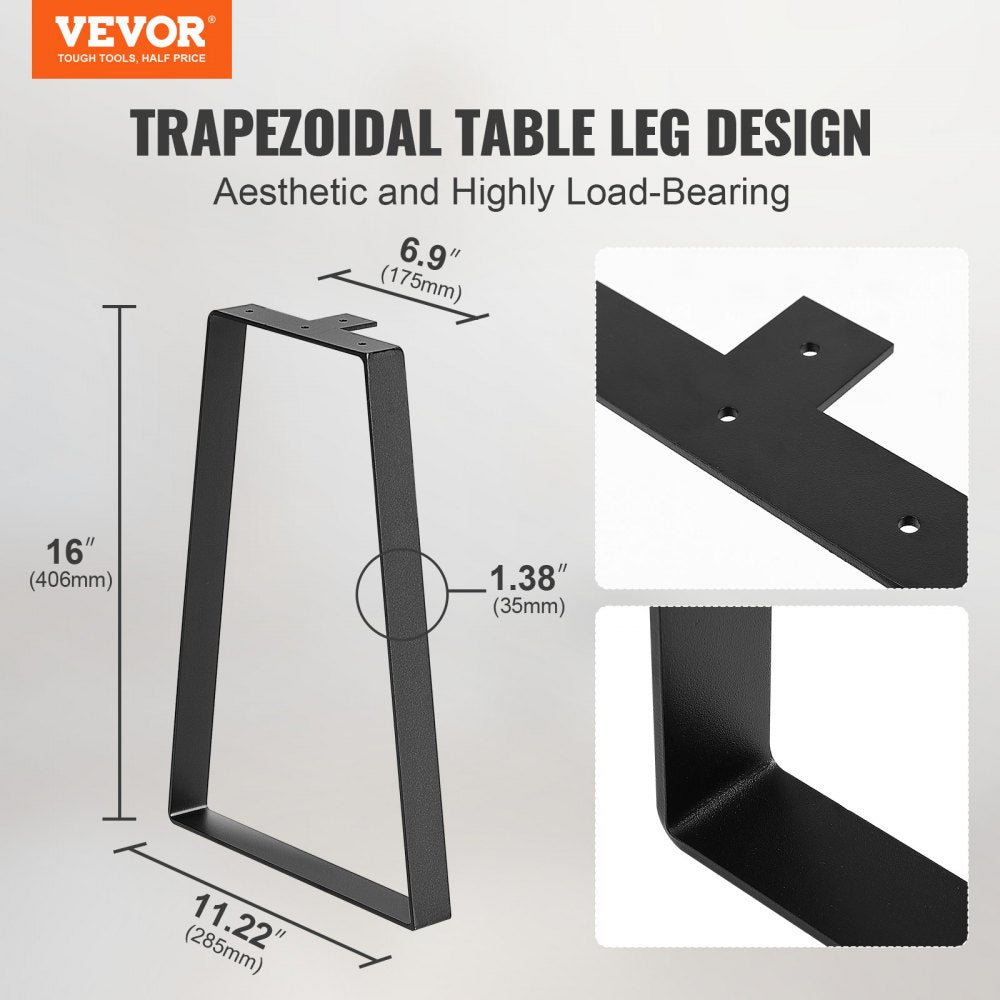 VEVOR 16 inch Trapezoid Steel Table Legs, Replacement Furniture Legs Set of 2 for DIY Coffee Tables, Modern Desks, Bench, Night Stands, Sofa, Max Load 400 lbs Heavy Duty, Quick Instalation Legs Black 
