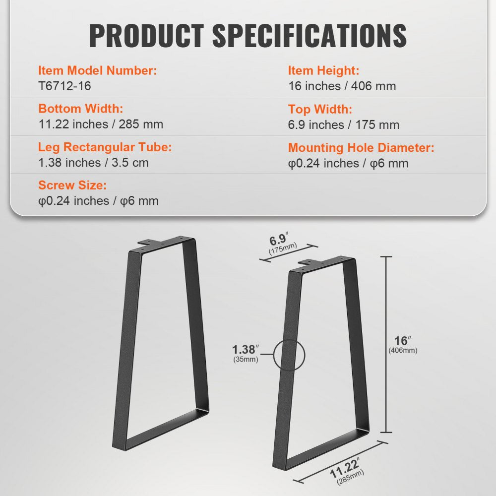 VEVOR 16 inch Trapezoid Steel Table Legs, Replacement Furniture Legs Set of 2 for DIY Coffee Tables, Modern Desks, Bench, Night Stands, Sofa, Max Load 400 lbs Heavy Duty, Quick Instalation Legs Black 