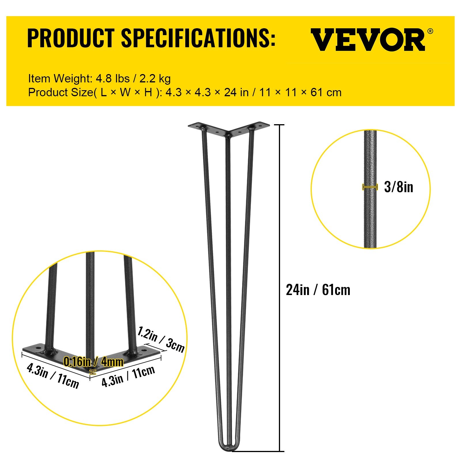 VEVOR Hairpin Table Legs 24 inch, Set of 4 DIY Desk Table Legs 3 Rods Heavy Duty 