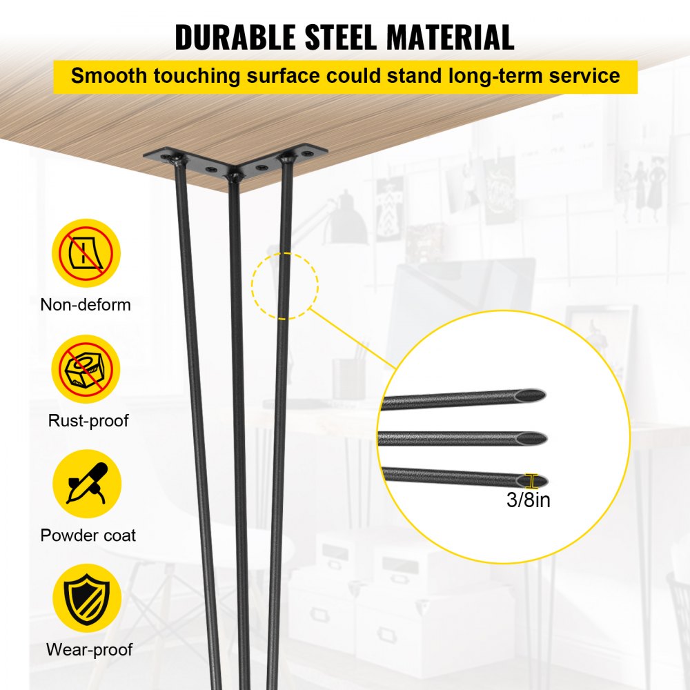 VEVOR Hairpin Table Legs 26 inch, Set of 4 DIY Desk Table Legs 3 Rods Heavy Duty 