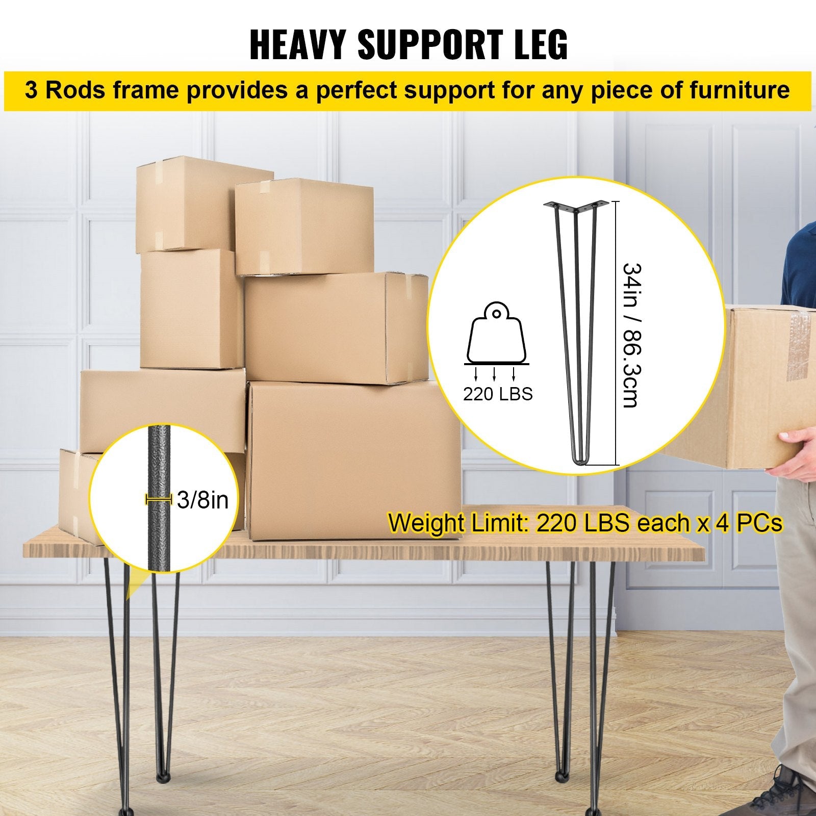 VEVOR Hairpin Table Legs 34 inch, Set of 4 DIY Desk Table Legs 3 Rods Heavy Duty 
