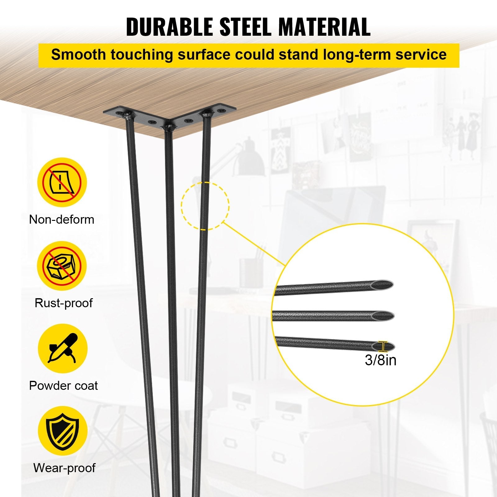 VEVOR Hairpin Table Legs 34 inch, Set of 4 DIY Desk Table Legs 3 Rods Heavy Duty 