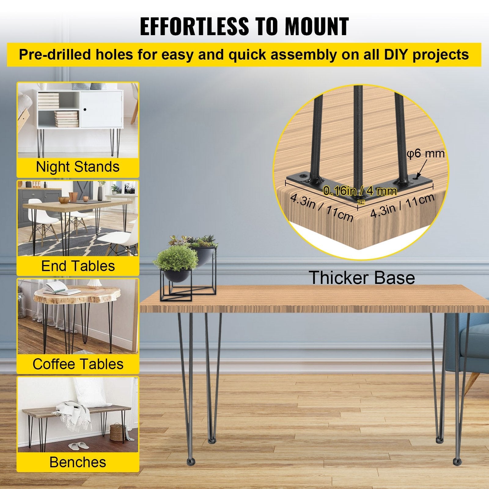 VEVOR Hairpin Table Legs 34 inch, Set of 4 DIY Desk Table Legs 3 Rods Heavy Duty 