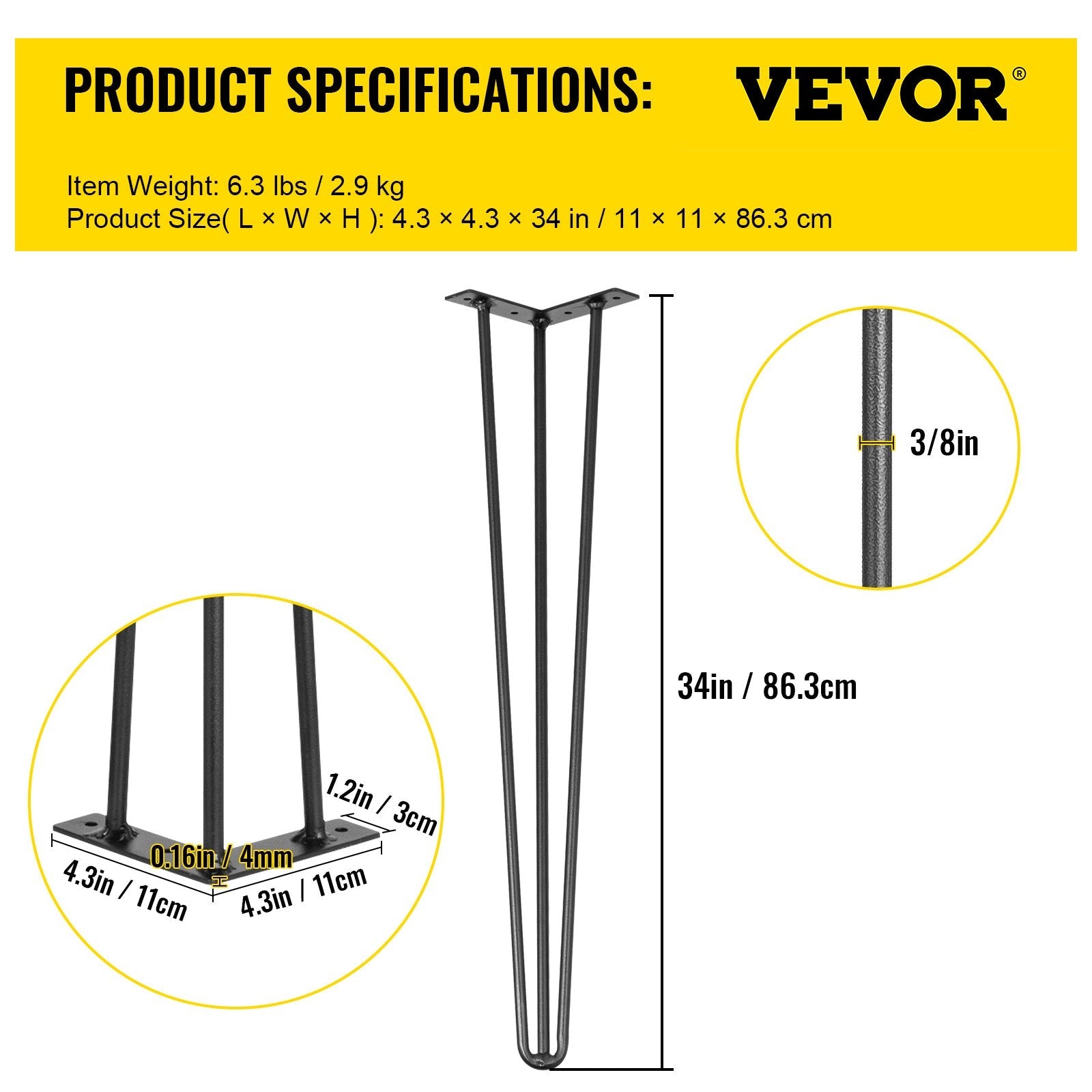 VEVOR Hairpin Table Legs 34 inch, Set of 4 DIY Desk Table Legs 3 Rods Heavy Duty 