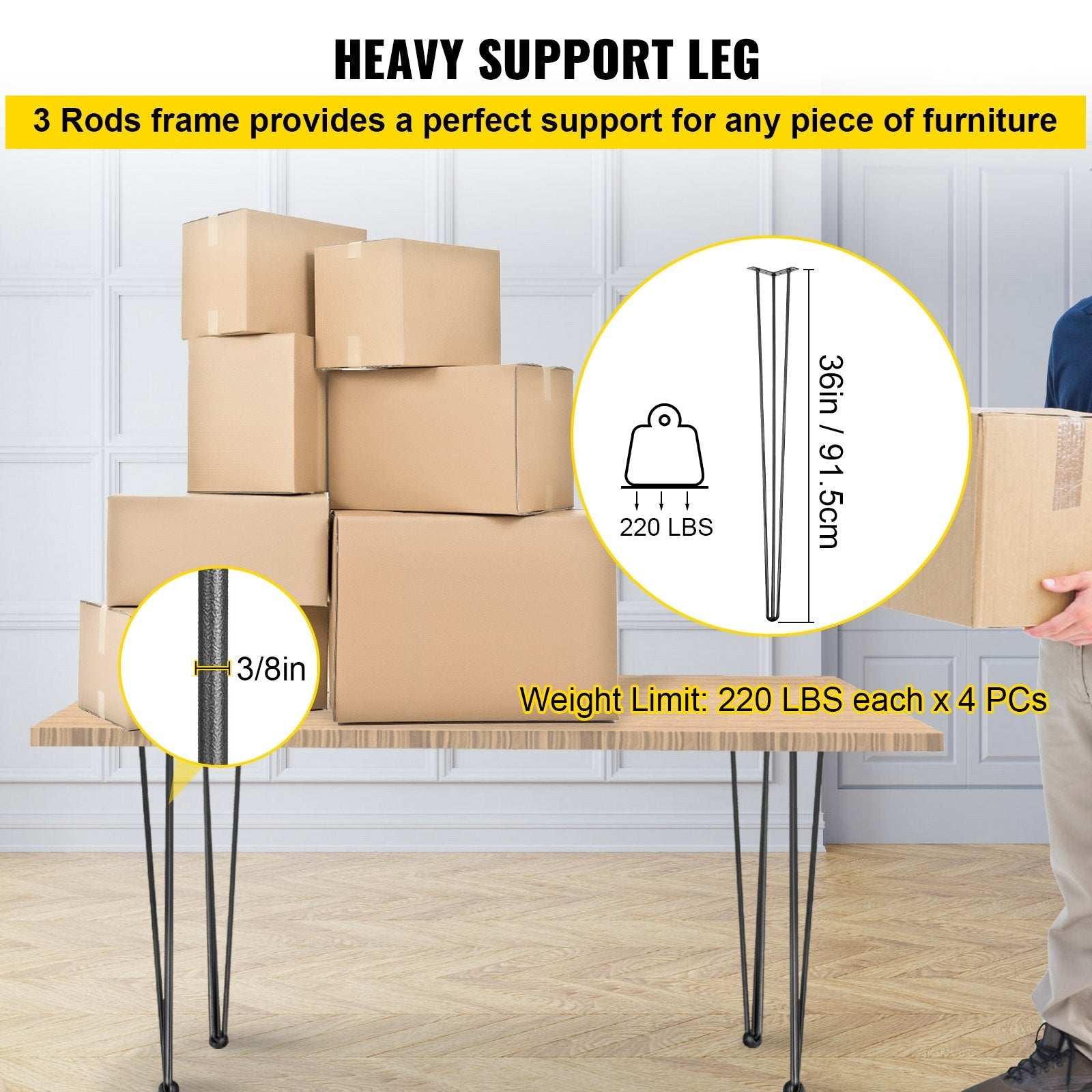 VEVOR Hairpin Table Legs 36 inch, Set of 4 DIY Desk Table Legs 3 Rods Heavy Duty 