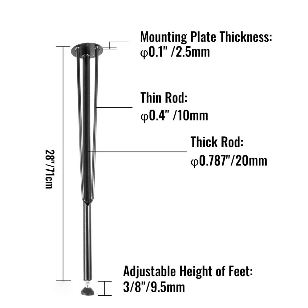 VEVOR Hairpin Metal Table Legs 28 Inch Desk Legs Set of 4 Heavy Duty Bench Legs 3-Rod Metal Furniture Legs Wrought Iron Coffee Table Legs Home DIY for Dining Table w/ Rubber Floor Protectors Black 
