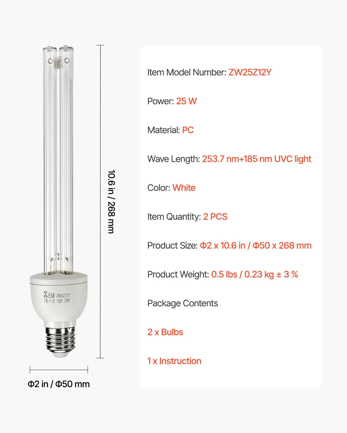 VEVOR UV Light Bulb 2 Pack 25W Replacement Ultraviolet UVC Lamp with Ozone UVO