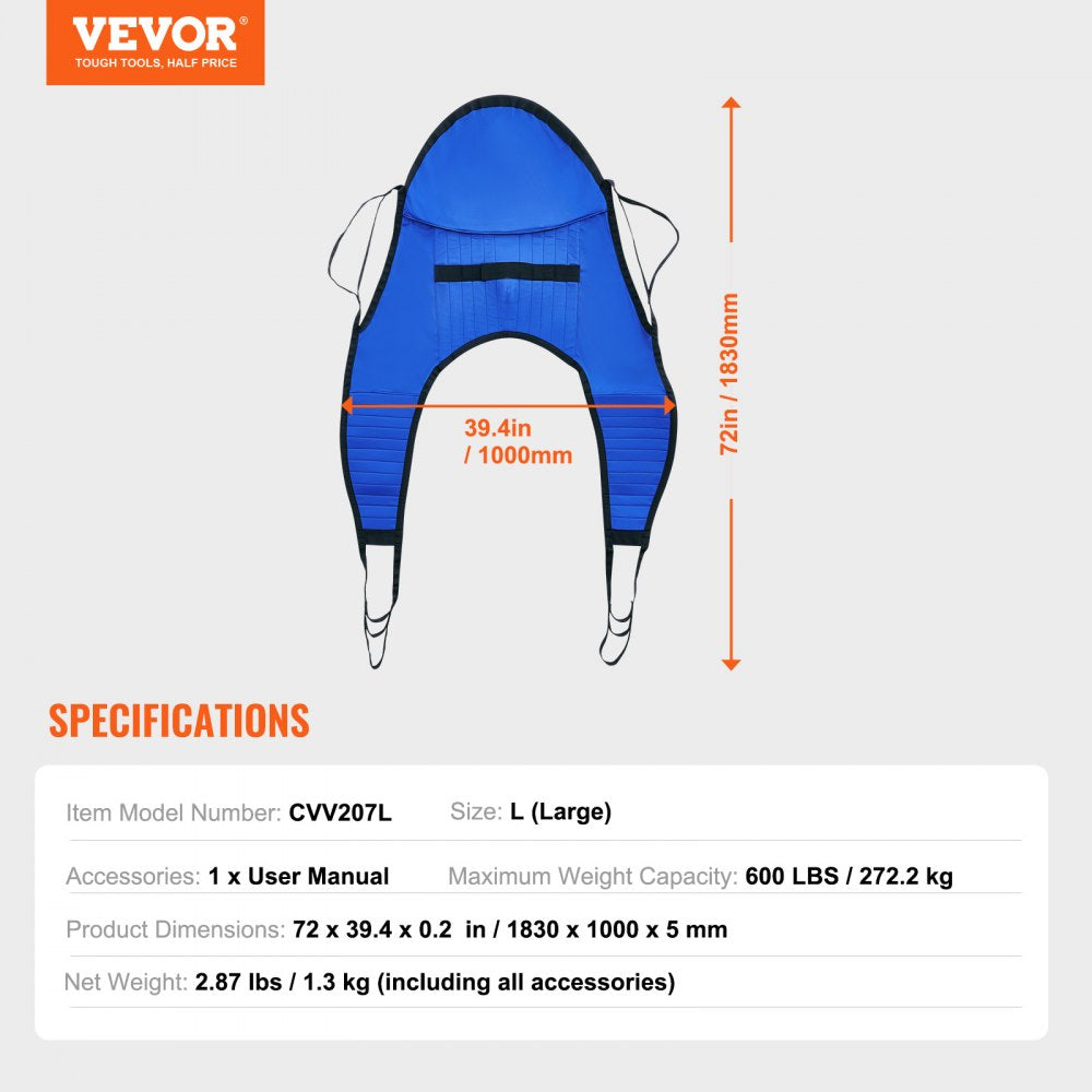 VEVOR Patient Lift Sling with Head Support Large-Size U Shape Divided Leg Sling 