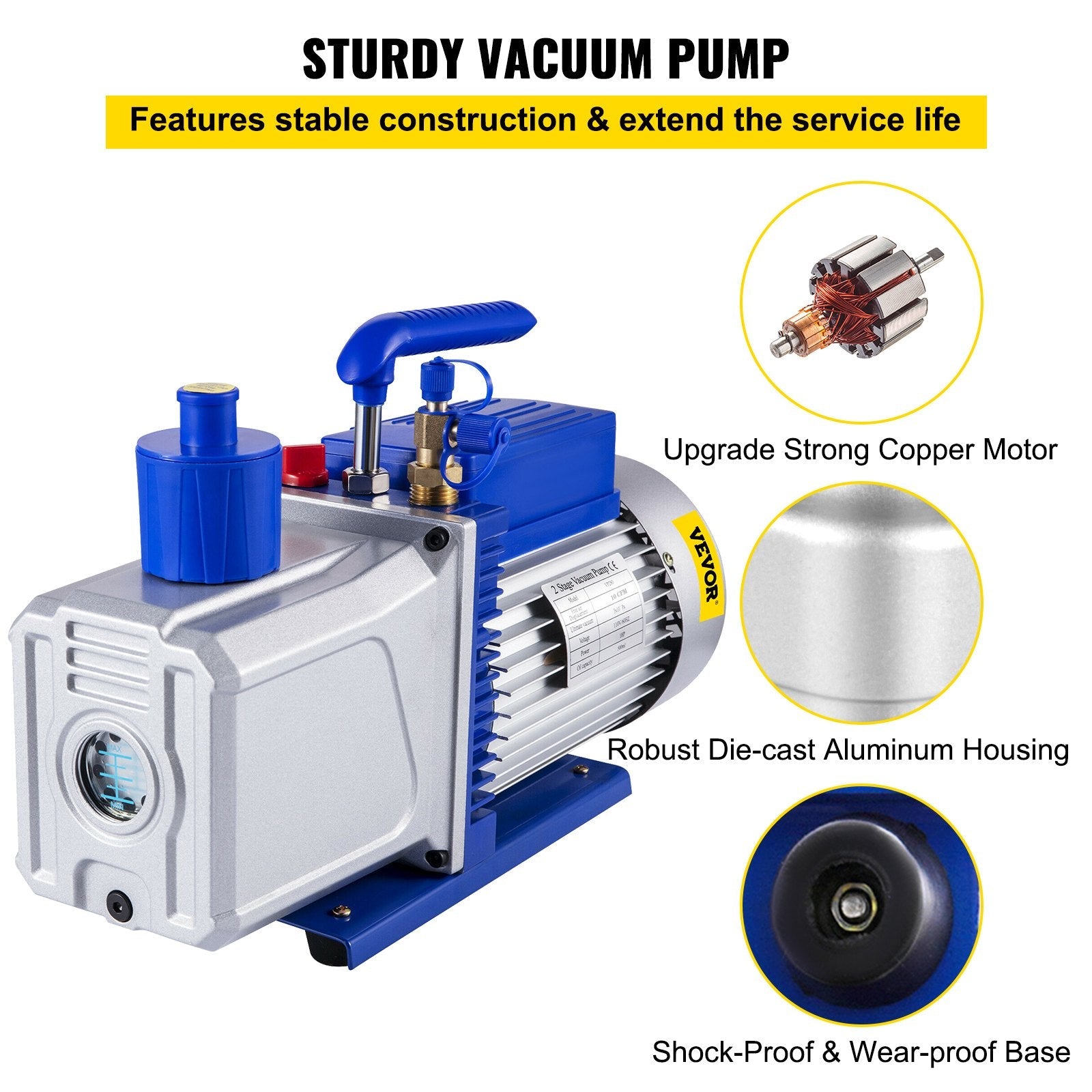 VEVOR Vacuum Pump 12CFM 1HP Vane Vacuum Pump Two Stage 3 x 10-1 Pa Ultimate HVAC Rotary Auto AC Refrigerant Vacuum Pump, for Automobile Reparation Vacuum Evacuation 