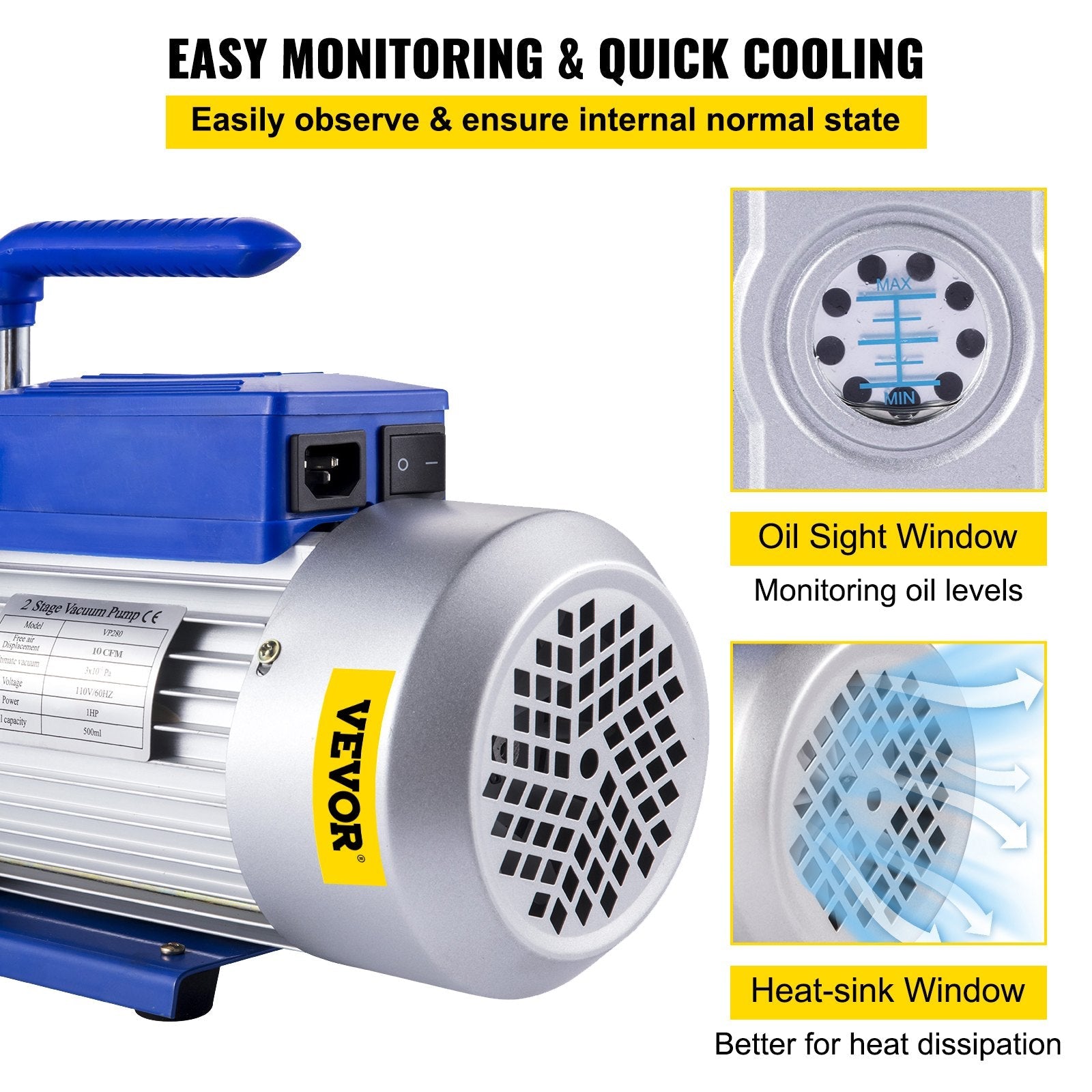 VEVOR Vacuum Pump 12CFM 1HP Vane Vacuum Pump Two Stage 3 x 10-1 Pa Ultimate HVAC Rotary Auto AC Refrigerant Vacuum Pump, for Automobile Reparation Vacuum Evacuation 