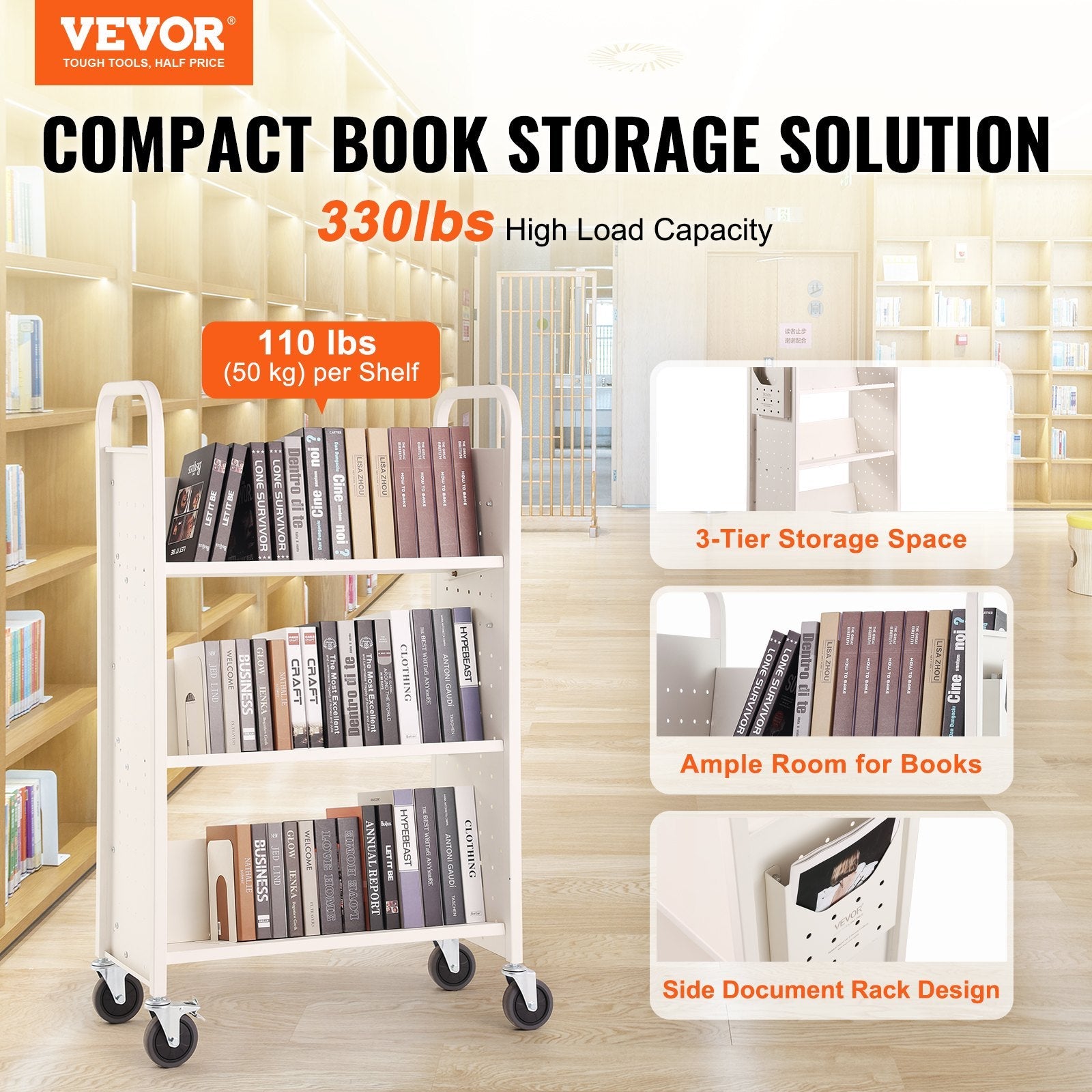 VEVOR Book Cart, 330 lbs Library Cart, 31.1" x 15.2" x 49.2" Rolling Book Cart, Single Sided V-Shaped Sloped Shelves with 4-Inch Lockable Wheels for Home Shelves Office and School, Book Truck in White 