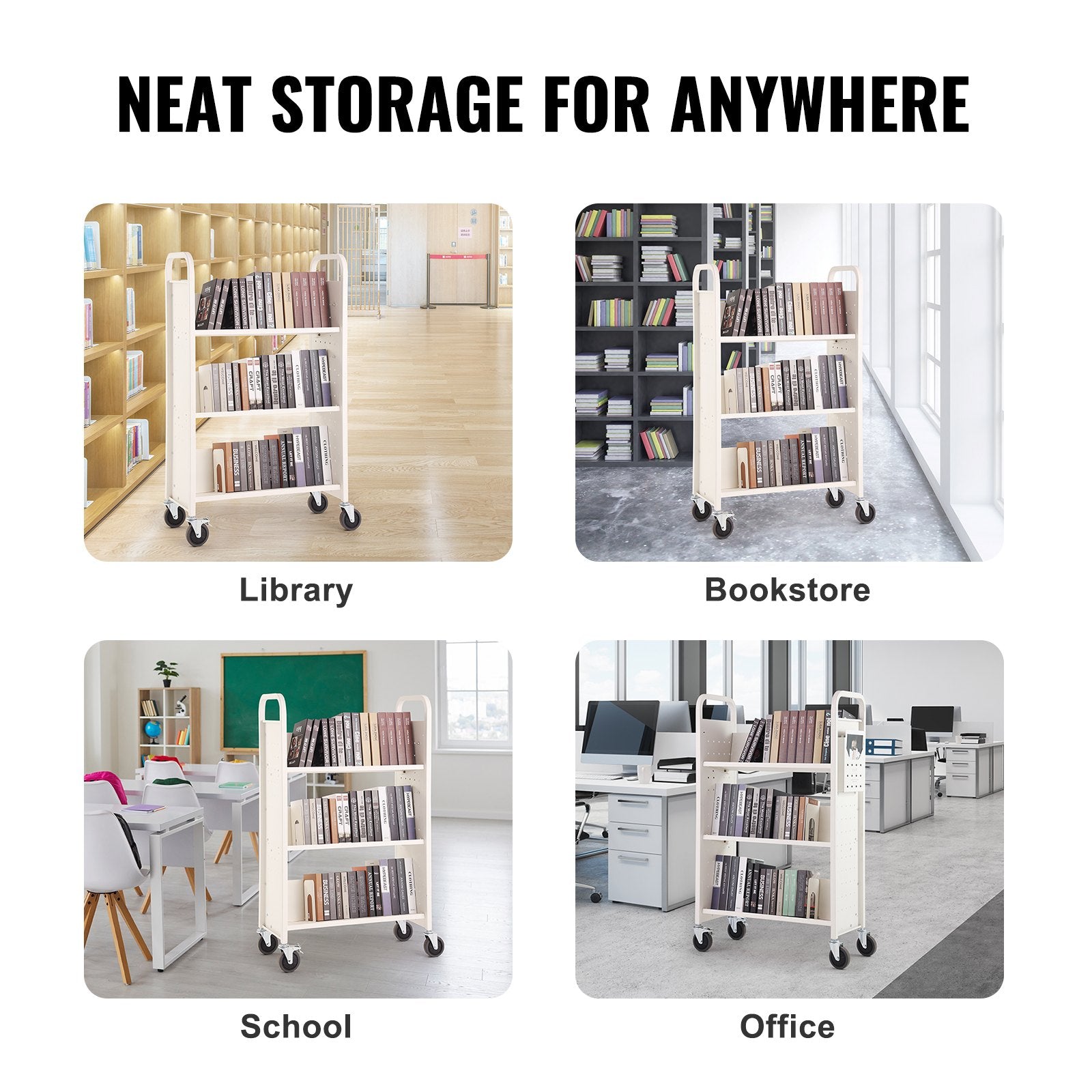 VEVOR Book Cart, 330 lbs Library Cart, 31.1" x 15.2" x 49.2" Rolling Book Cart, Single Sided V-Shaped Sloped Shelves with 4-Inch Lockable Wheels for Home Shelves Office and School, Book Truck in White 