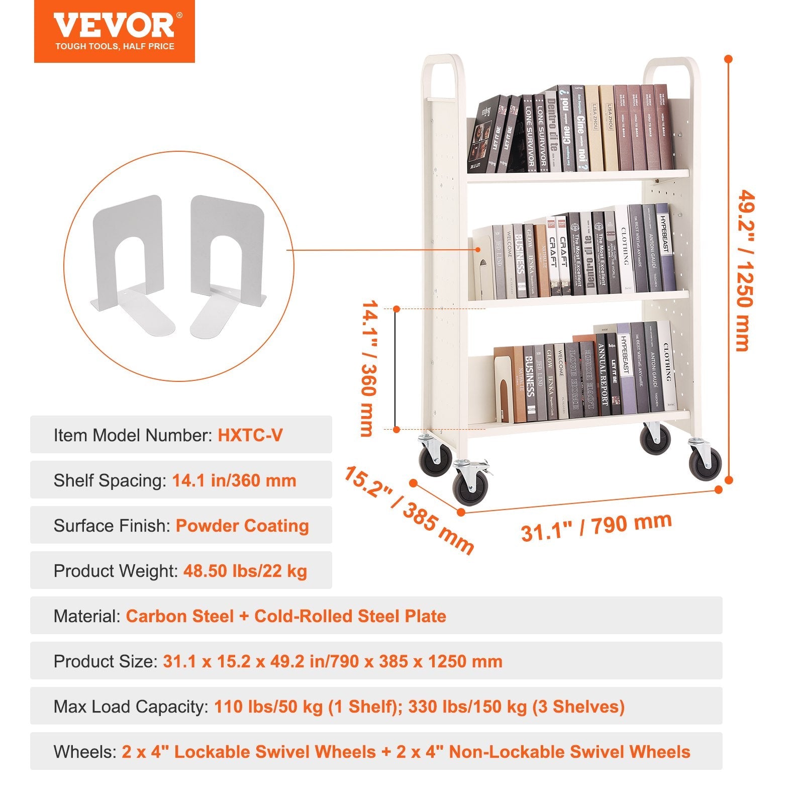 VEVOR Book Cart, 330 lbs Library Cart, 31.1" x 15.2" x 49.2" Rolling Book Cart, Single Sided V-Shaped Sloped Shelves with 4-Inch Lockable Wheels for Home Shelves Office and School, Book Truck in White 