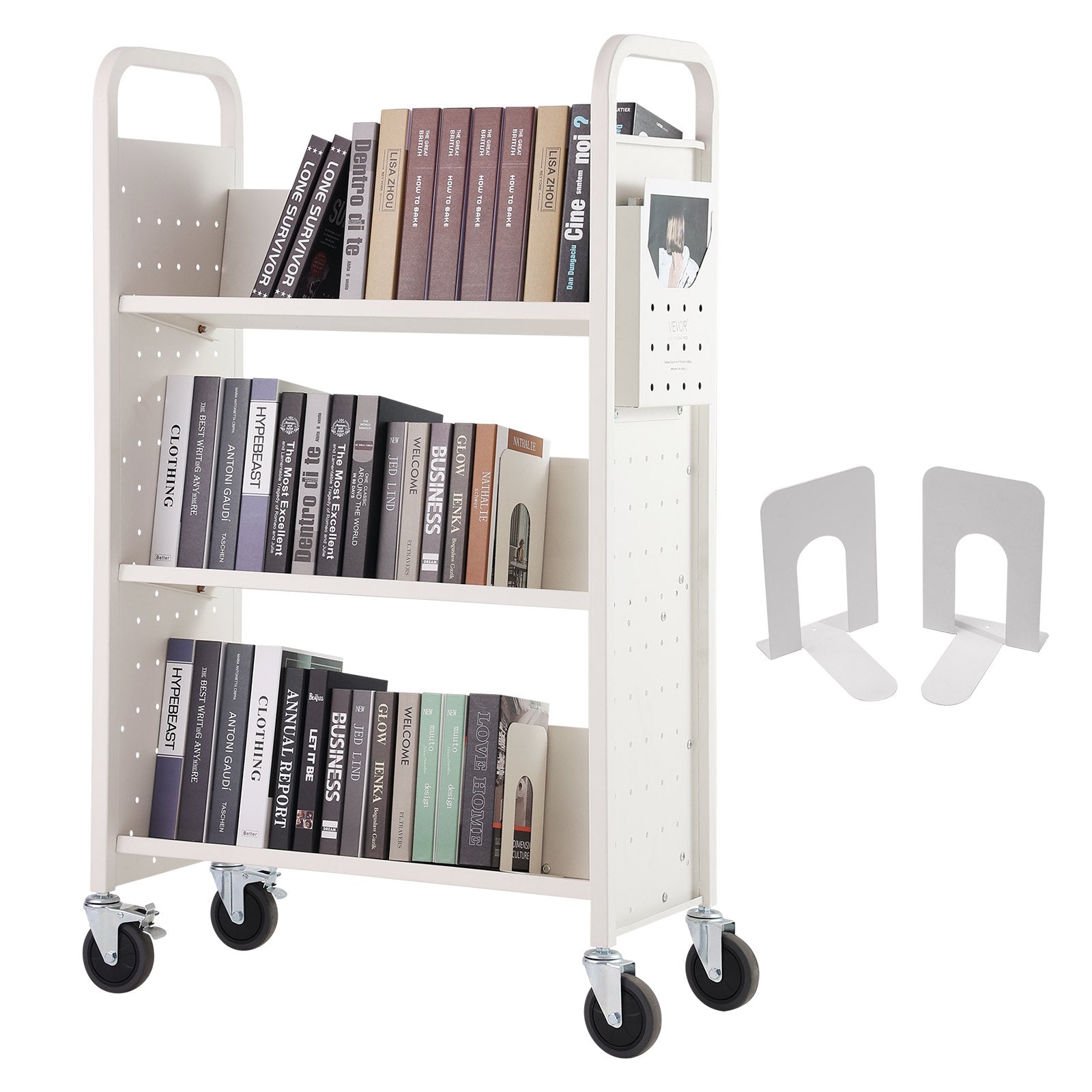VEVOR Book Cart, 330 lbs Library Cart, 31.1" x 15.2" x 49.2" Rolling Book Cart, Single Sided V-Shaped Sloped Shelves with 4-Inch Lockable Wheels for Home Shelves Office and School, Book Truck in White 