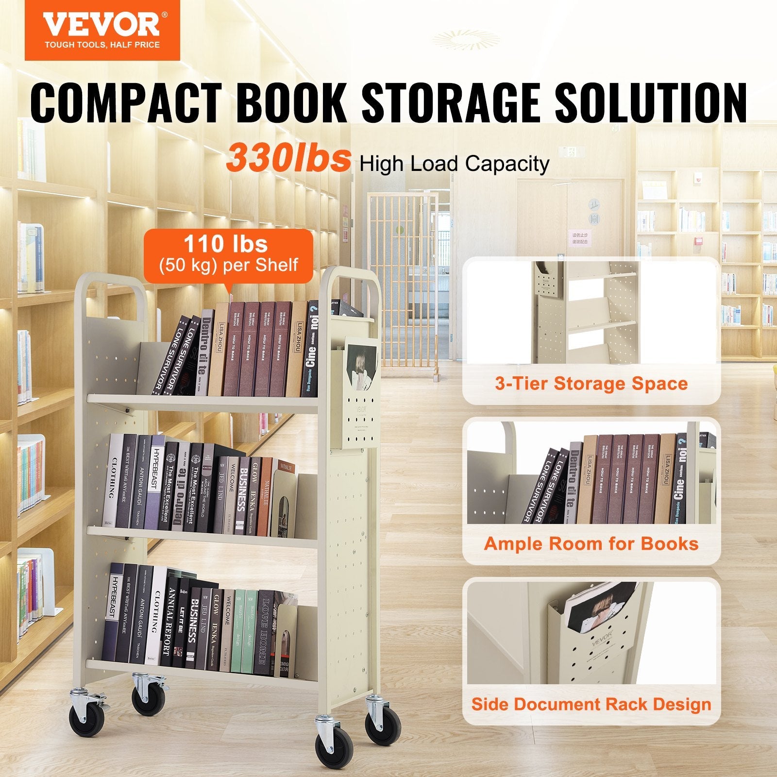 VEVOR Book Cart, 330 lbs Library Cart, 31.1" x 15.2" x 49.2" Rolling Book Cart, Single Sided V-Shaped Sloped Shelves with 4-Inch Lockable Wheels for Home Shelves Office and School, Book Truck in Cream 