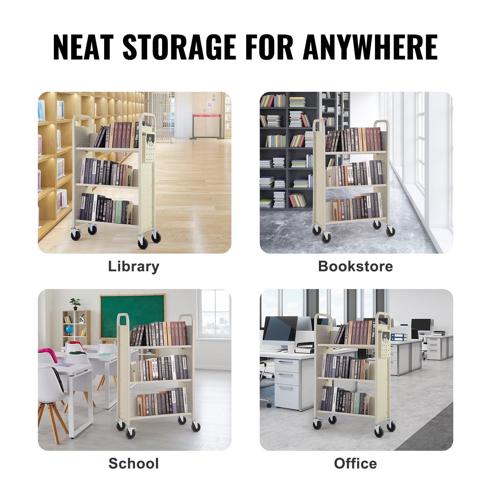 VEVOR Book Cart, 330 lbs Library Cart, 31.1" x 15.2" x 49.2" Rolling Book Cart, Single Sided V-Shaped Sloped Shelves with 4-Inch Lockable Wheels for Home Shelves Office and School, Book Truck in Cream 