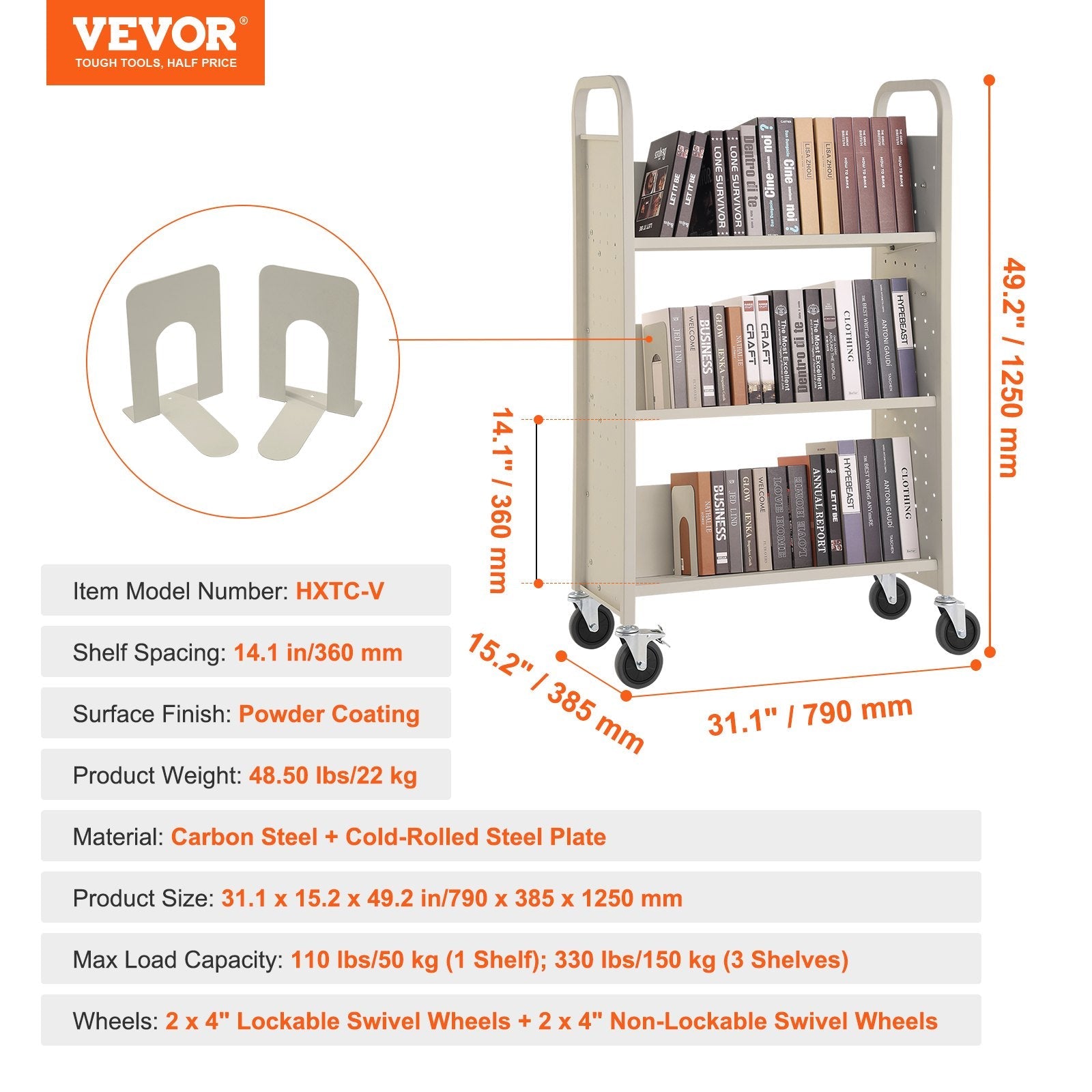 VEVOR Book Cart, 330 lbs Library Cart, 31.1" x 15.2" x 49.2" Rolling Book Cart, Single Sided V-Shaped Sloped Shelves with 4-Inch Lockable Wheels for Home Shelves Office and School, Book Truck in Cream 