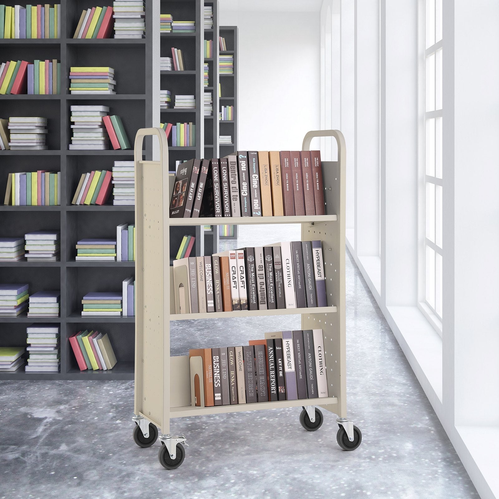 VEVOR Book Cart, 330 lbs Library Cart, 31.1" x 15.2" x 49.2" Rolling Book Cart, Single Sided V-Shaped Sloped Shelves with 4-Inch Lockable Wheels for Home Shelves Office and School, Book Truck in Cream 