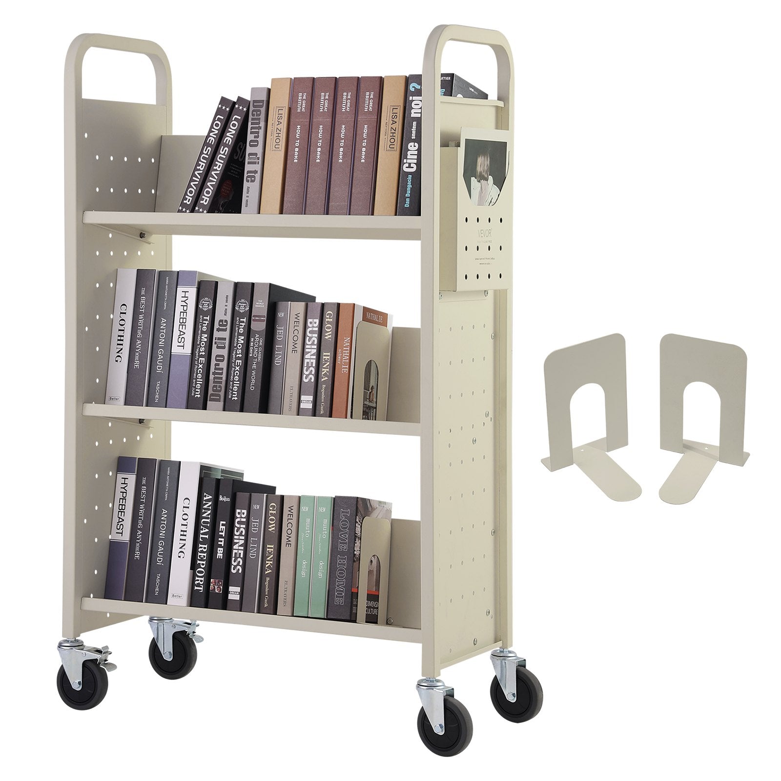 VEVOR Book Cart, 330 lbs Library Cart, 31.1" x 15.2" x 49.2" Rolling Book Cart, Single Sided V-Shaped Sloped Shelves with 4-Inch Lockable Wheels for Home Shelves Office and School, Book Truck in Cream 