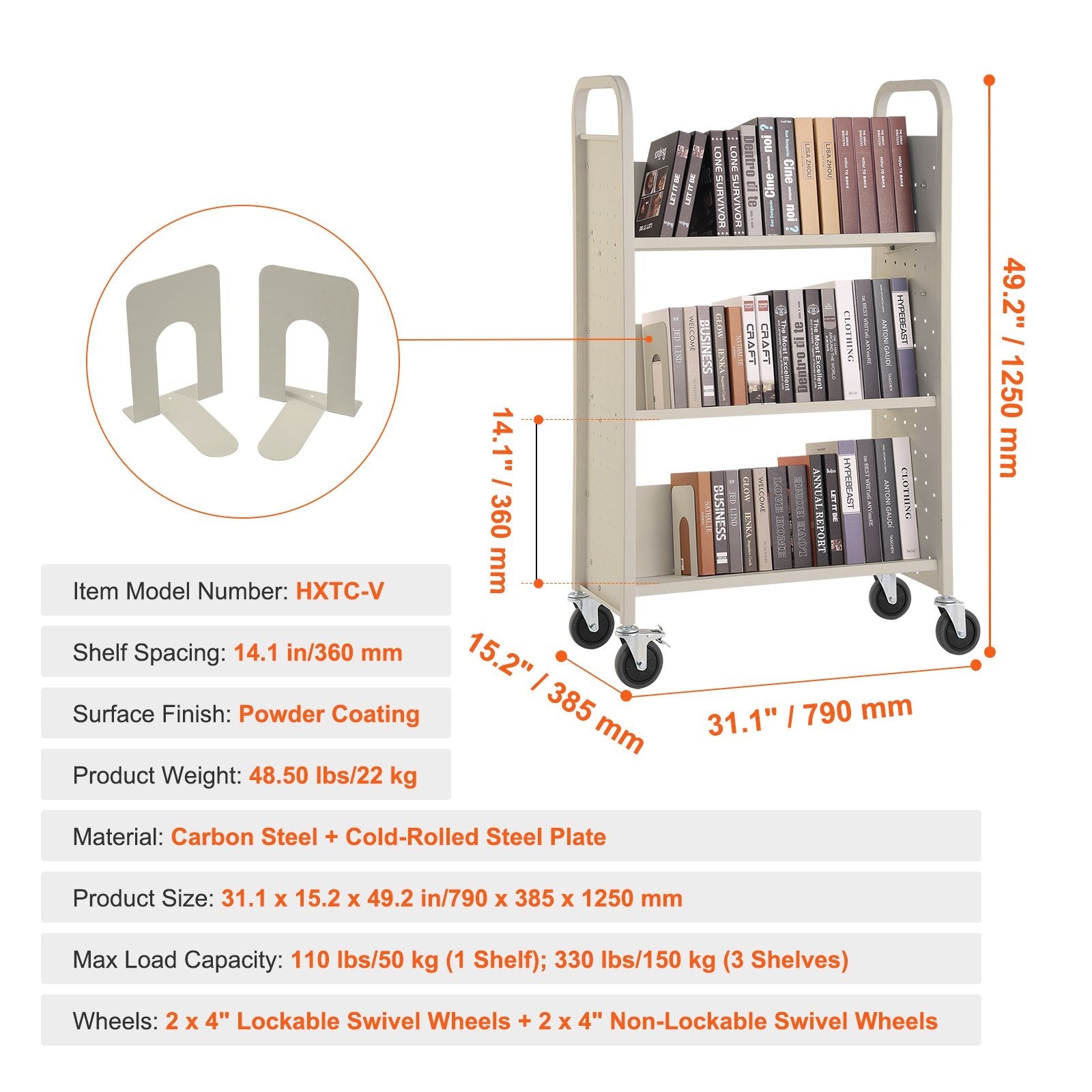 VEVOR Book Cart, 330 lbs Library Cart, 31.1" x 15.2" x 49.2" Rolling Book Cart, Single Sided V-Shaped Sloped Shelves with 4-Inch Lockable Wheels for Home Shelves Office and School, Book Truck in Cream 