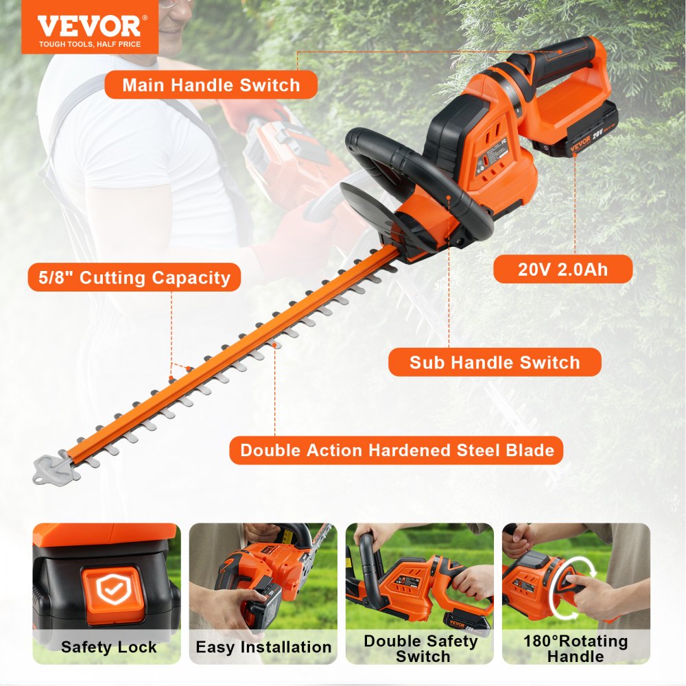 VEVOR 20V Cordless Hedge Trimmer, 18 inch Double-edged Steel Blade, Hedge Trimmer Kit 20V Battery, Fast Charger, and Blade Cover Included, 180° Rotating Head 