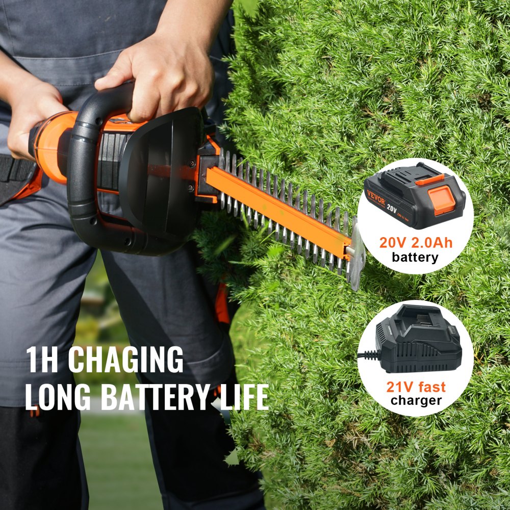VEVOR 20V Cordless Hedge Trimmer, 18 inch Double-edged Steel Blade, Hedge Trimmer Kit 20V Battery, Fast Charger, and Blade Cover Included, 180° Rotating Head 