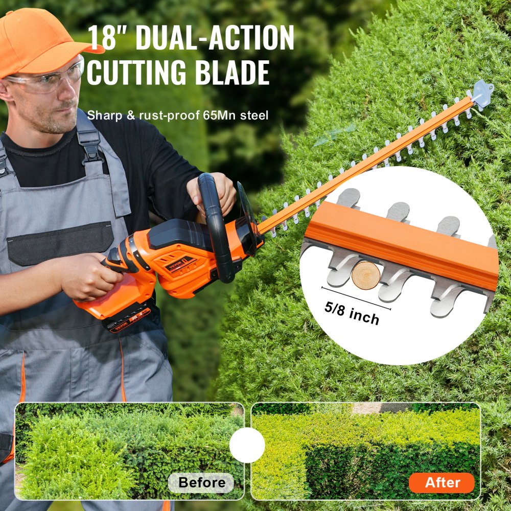VEVOR 20V Cordless Hedge Trimmer, 18 inch Double-edged Steel Blade, Hedge Trimmer Kit 20V Battery, Fast Charger, and Blade Cover Included, 180° Rotating Head 