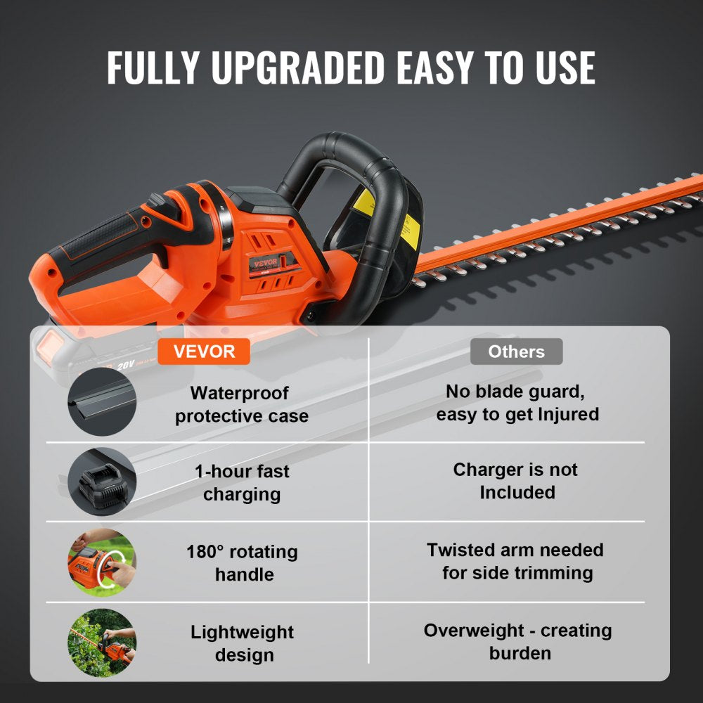 VEVOR 20V Cordless Hedge Trimmer, 18 inch Double-edged Steel Blade, Hedge Trimmer Kit 20V Battery, Fast Charger, and Blade Cover Included, 180° Rotating Head 
