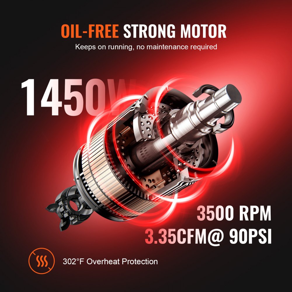 VEVOR Air Compressor 6.3 Gallon 1450W 3.35 CFM@ 90PSI 70 dB Ultra Quiet Oil Free 