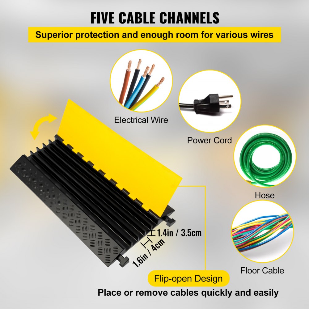 VEVOR 5 Channel Rubber Cable Protectors Extreme Cable Ramps 66000lbs Heavy Duty 5 Slots Protective Cable Wire Cord Ramp Driveway Rubber Traffic Speed Bumps 