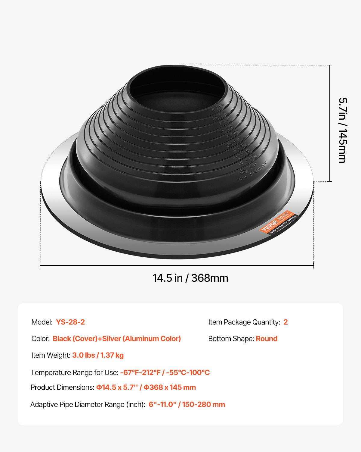 VEVOR 2 Pcs Metal Roof Pipe Flashing Boots Fit 6"-11" Pipe High Temp Black EDPM 