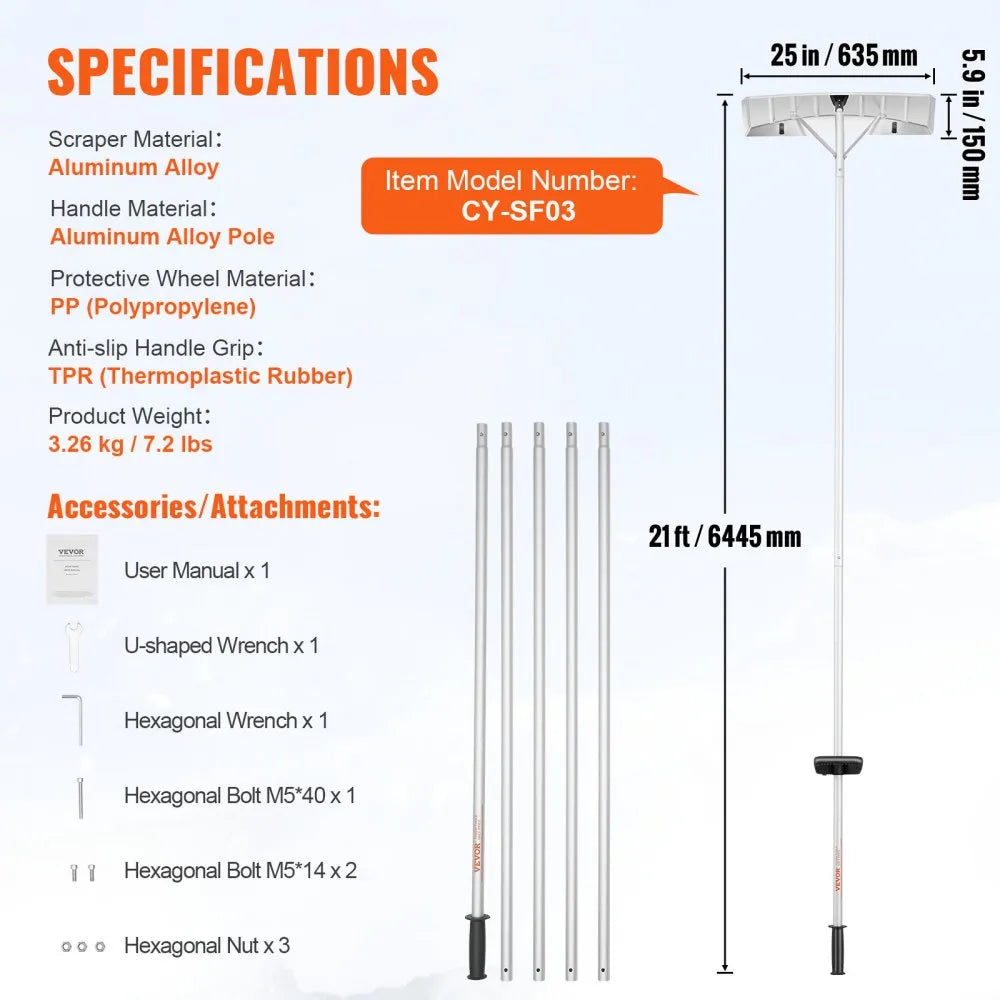 VEVOR Snow Roof Rake, 25" Blade Snow Removal Tool, 21ft Reach Aluminium Roof Shovel, Roll Wheels for Roof Protection, Anti-Slip Handle Grip, Easy to Setup & Use for House Roof, Car Snow, Wet Leaves 
