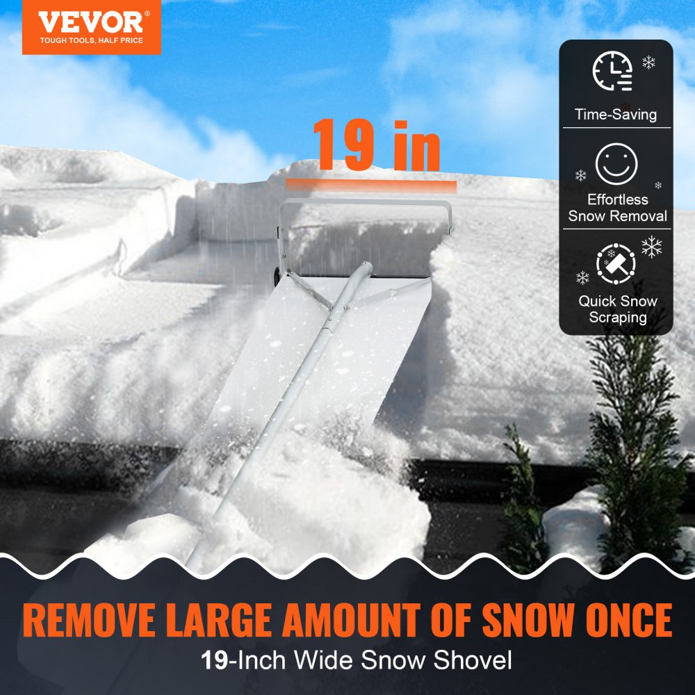 VEVOR Snow Roof Rake, 30ft Reach Aluminium Roof Shovel with Slide Cloth, Premium 19" Blade Snow Removal Tool, Safe on Roof with Roll Wheels, Anti-Slip Handle, Use for House Roof, Car Snow, Wet Leaves 