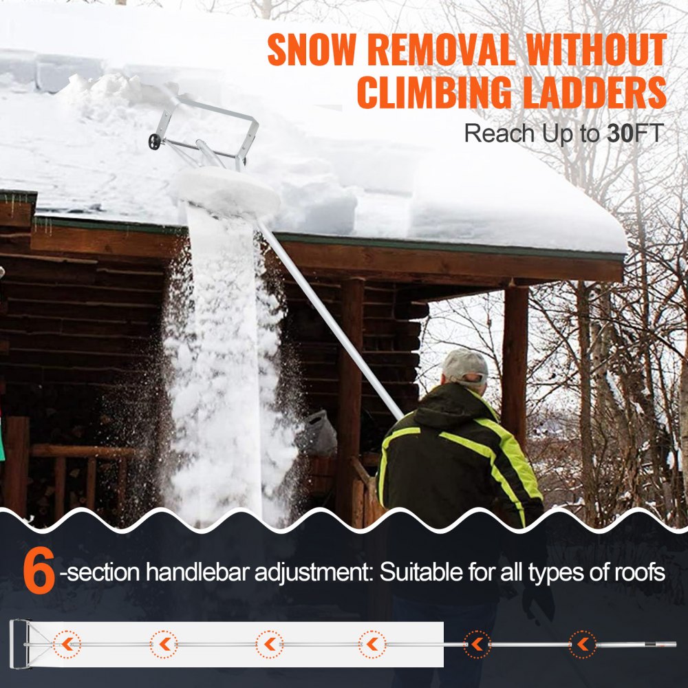 VEVOR Snow Roof Rake, 30ft Reach Aluminium Roof Shovel with Slide Cloth, Premium 19" Blade Snow Removal Tool, Safe on Roof with Roll Wheels, Anti-Slip Handle, Use for House Roof, Car Snow, Wet Leaves 