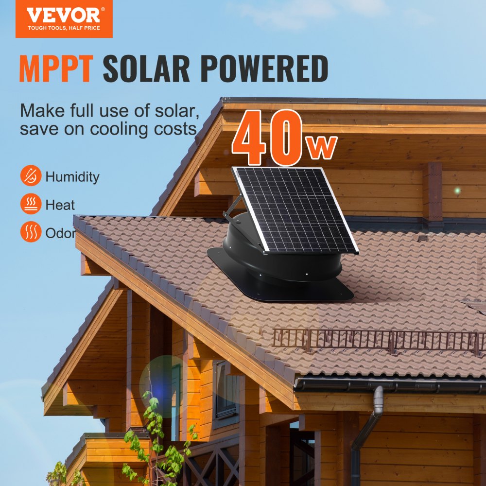 VEVOR Solar Attic Fan, 40 W, 1230 CFM Large Air Flow Solar Roof Vent Fan, Low Noise and Weatherproof with 110V Smart Adapter, Ideal for Home, Greenhouse, Garage, Shop, RV, FCC Listed 