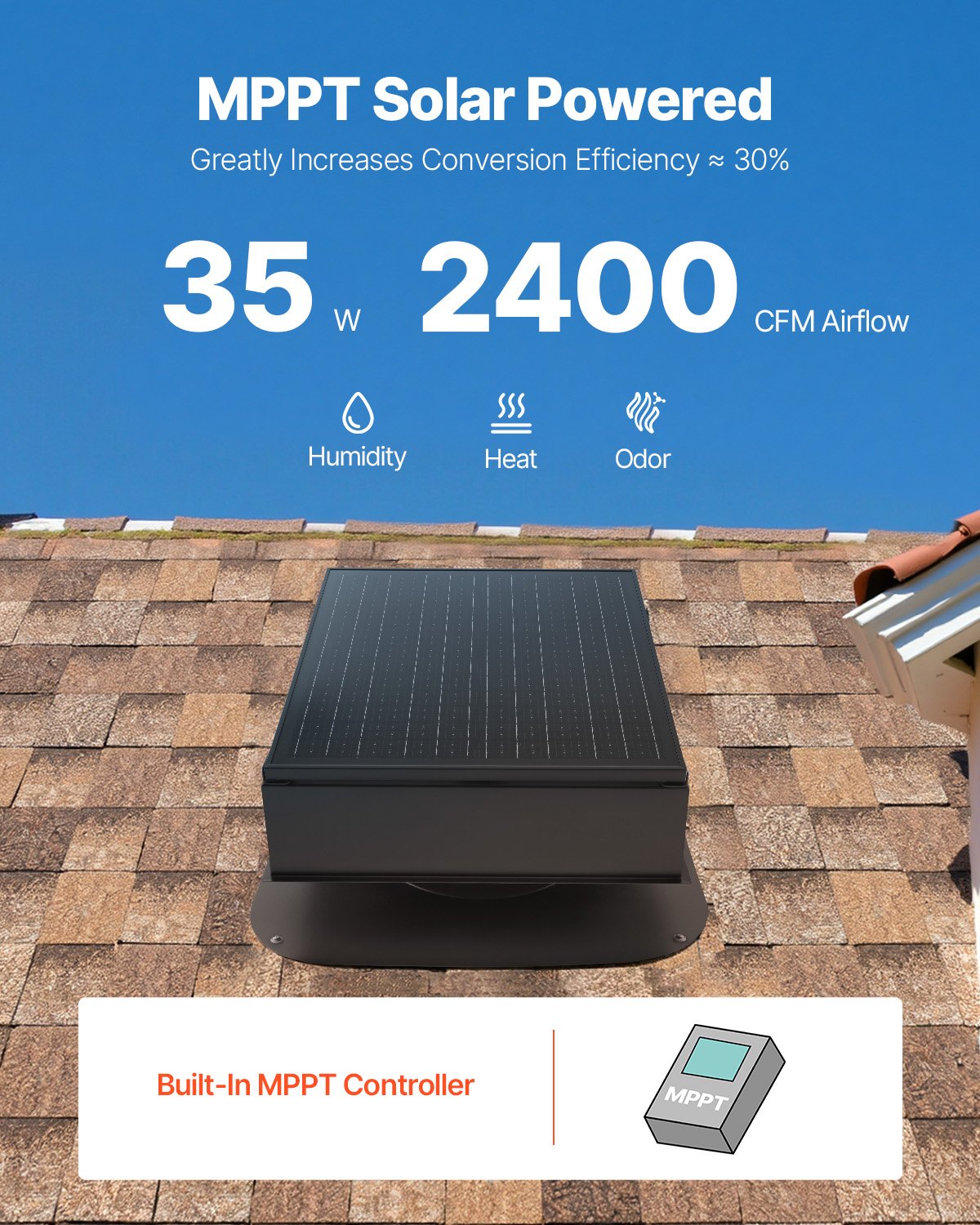 VEVOR Solar Roof Attic Exhaust Fan 35W with Smart Thermostat Brushless Motor 