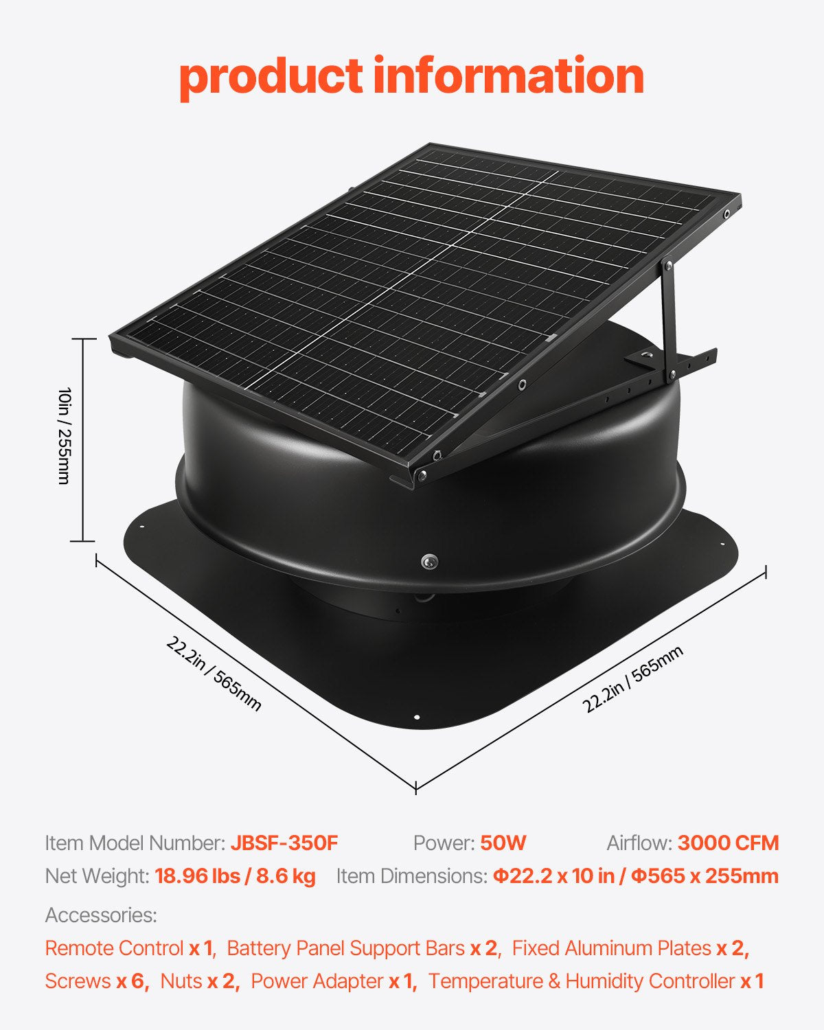 VEVOR Solar Roof Attic Exhaust Fan 50W with Smart Thermostat Remote Control 